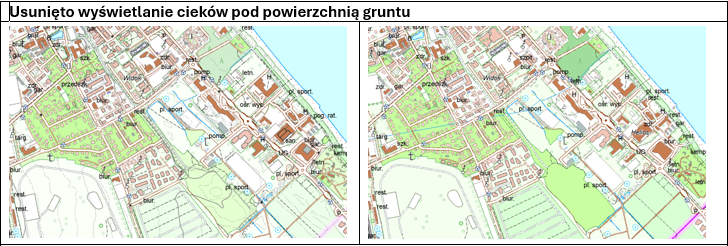 Ilustracja przedstawia poprawiony sposób wyświetlania cieków pod powierzchnią gruntu i przykład z wyświetlonymi ciekami pod powierzchnią gruntu przed poprawą