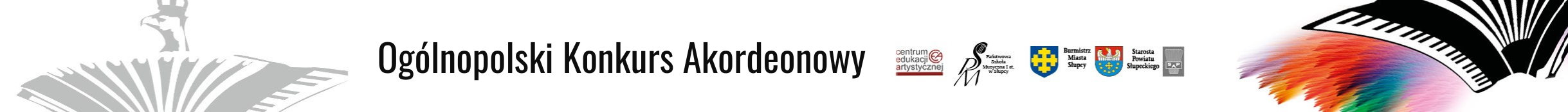 baner z informacjami o konkursie akordeonowym, ikonografia akordeonu, logo sponsorów, wszystko na białym tle