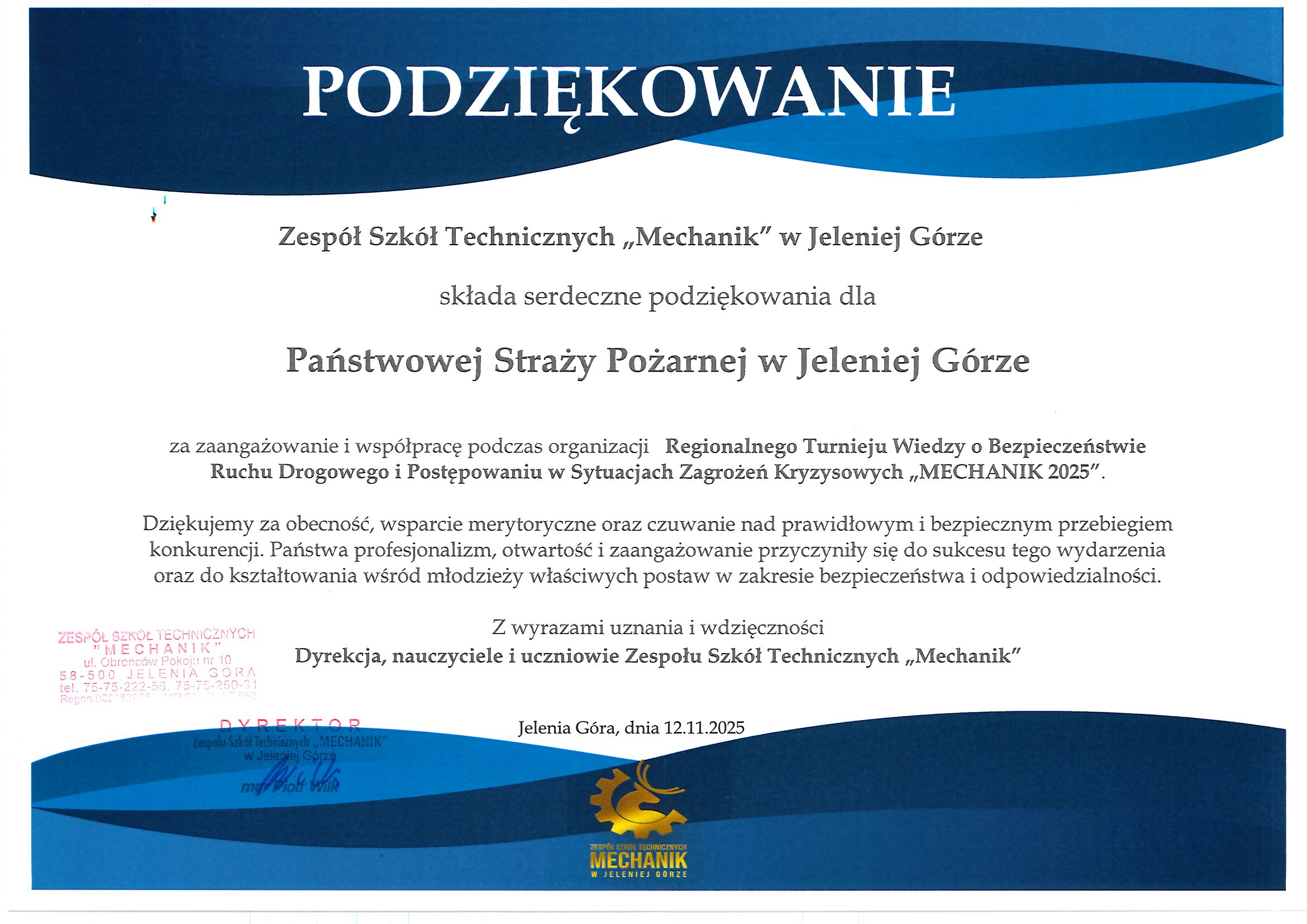 Podziękowania od Zespołu Szkół Technicznych "Mechanik"