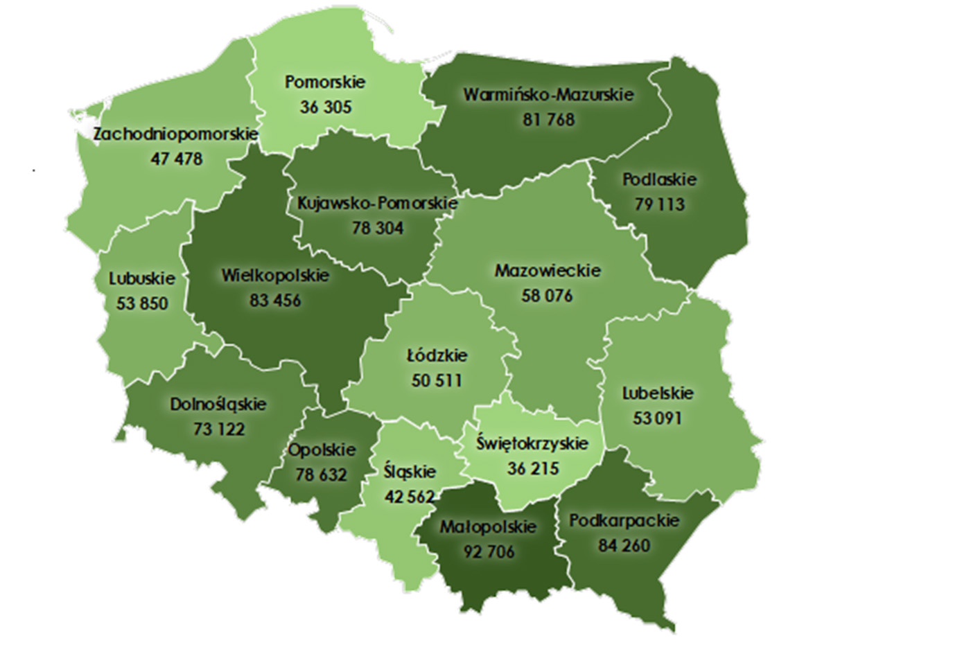 Rys. 4. Średnie ceny sprzedaży gruntów rolnych z Zasobu WRSP w I półroczu 2026 r. wg województw (w zł/ha) – średnia ogólnopolska – 64 472 zł/ha