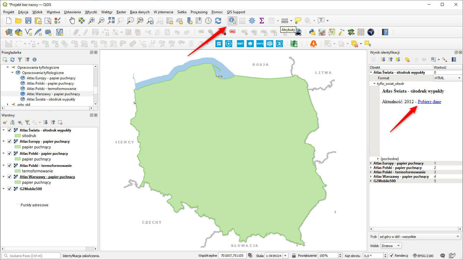 Ilustracja przedstawia zrzut ekranu z aplikacji QGIS z wczytanym skorowidzem map tyflologicznych