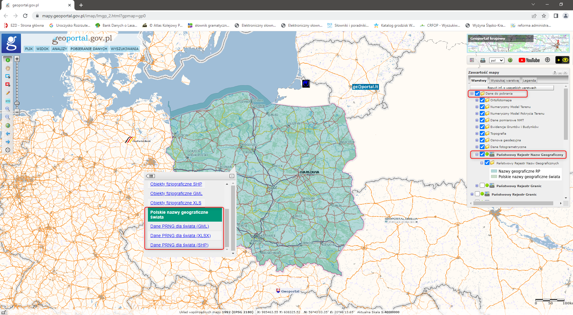 Ilustracja przedstawiająca zrzut ekranu z serwisu www.geoportal.gov.pl do pobierania danych dotyczących polskich nazw geograficznych świata.