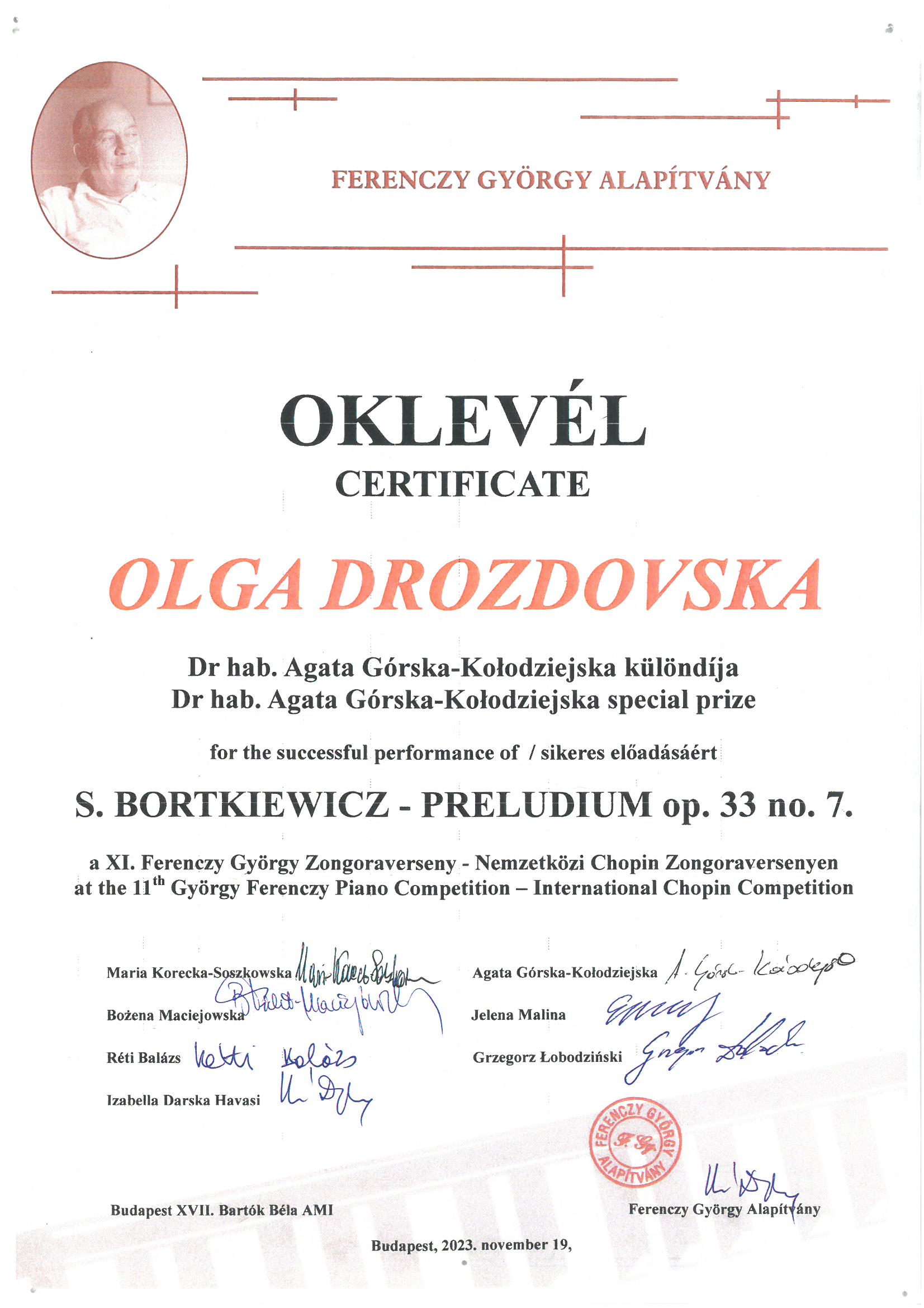 Dyplom dla Olgi Drozdovskiej,za udział w konkursie pianistycznym organizowanym Budapeszcie w dniu 19 listopada 2023r. 