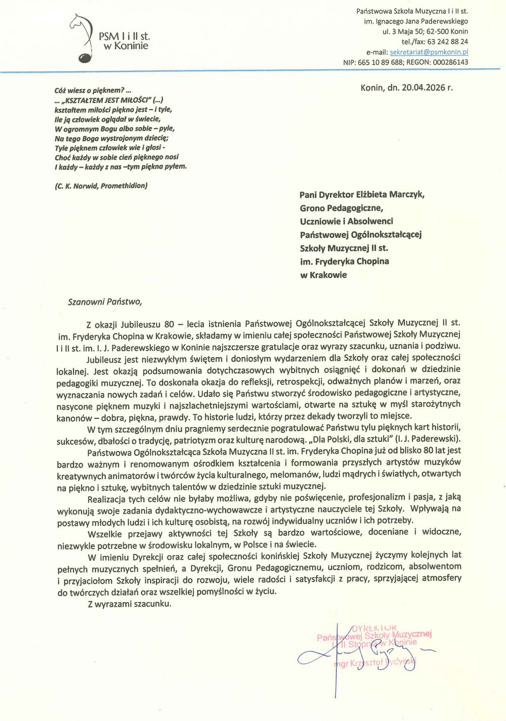p. Krzysztof Pydyński - dyrektor PSM I i II st. im. Ignacego Jana Paderewskiego w Koninie
