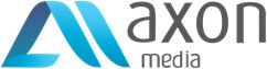 Po lewo niebieska fala układająca się w kształt A i M, po prawo szary napis axon media