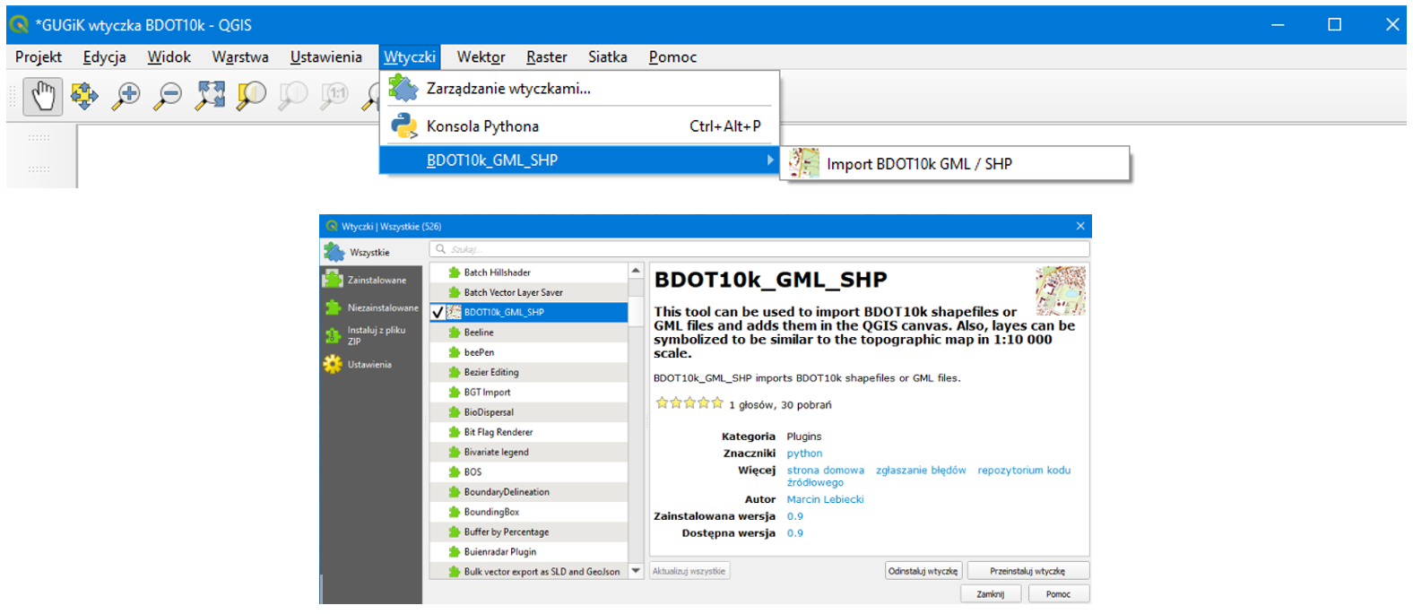 Rys. 3 Ilustracja przedstawia lokalizację wtyczki BDOT10k_GML_SHP w repozytorium wtyczek programu QGIS.