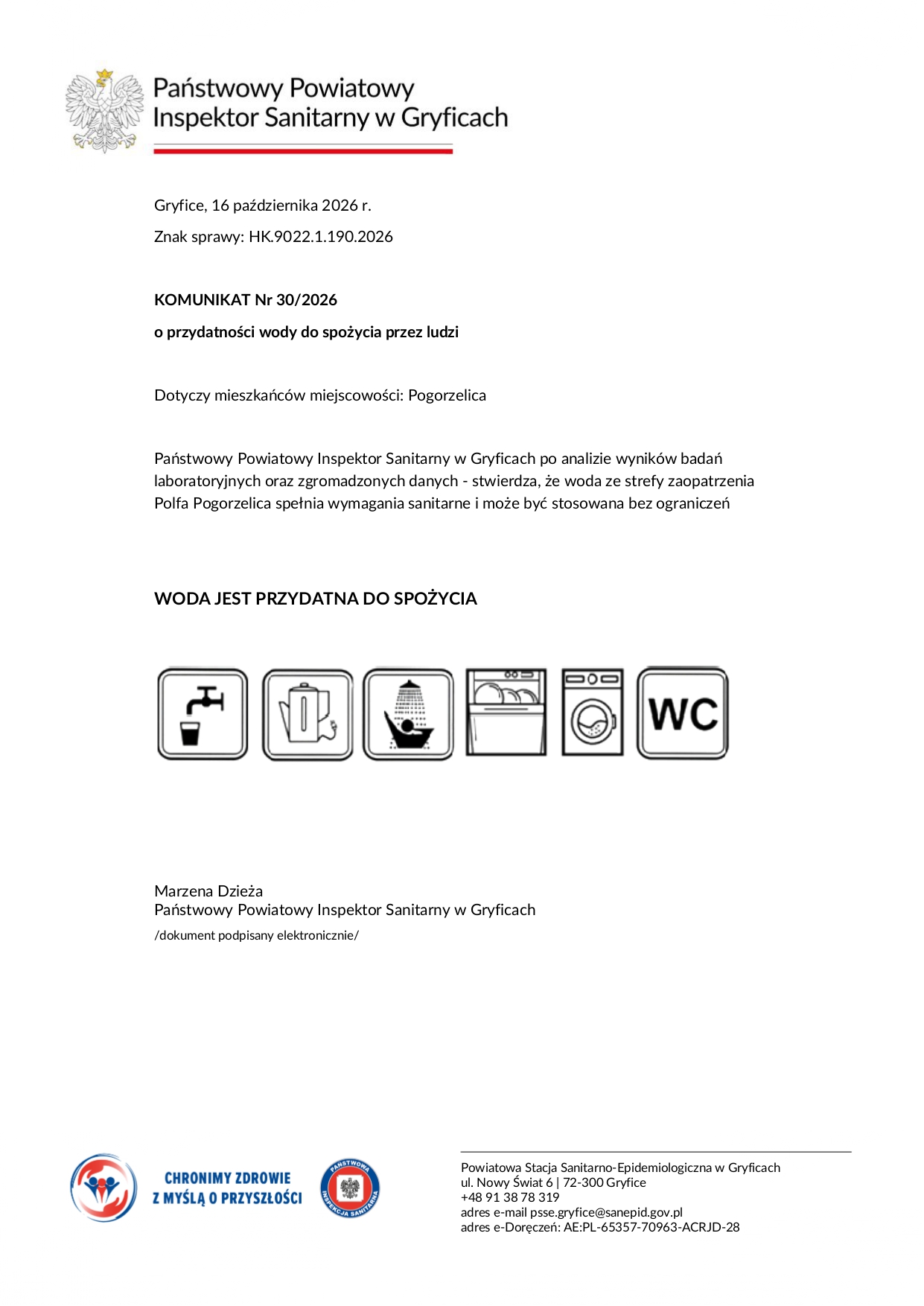 Komunikat nr 31/2026 Państwowego Powiatowego Inspektora Sanitarnego w Gryficach dotyczący miejscowości Niechorze. Woda ze strefy zaopatrzenia Pogorzelica-Niechorze spełnia wymagania sanitarne i jest przydatna do spożycia bez ograniczeń.