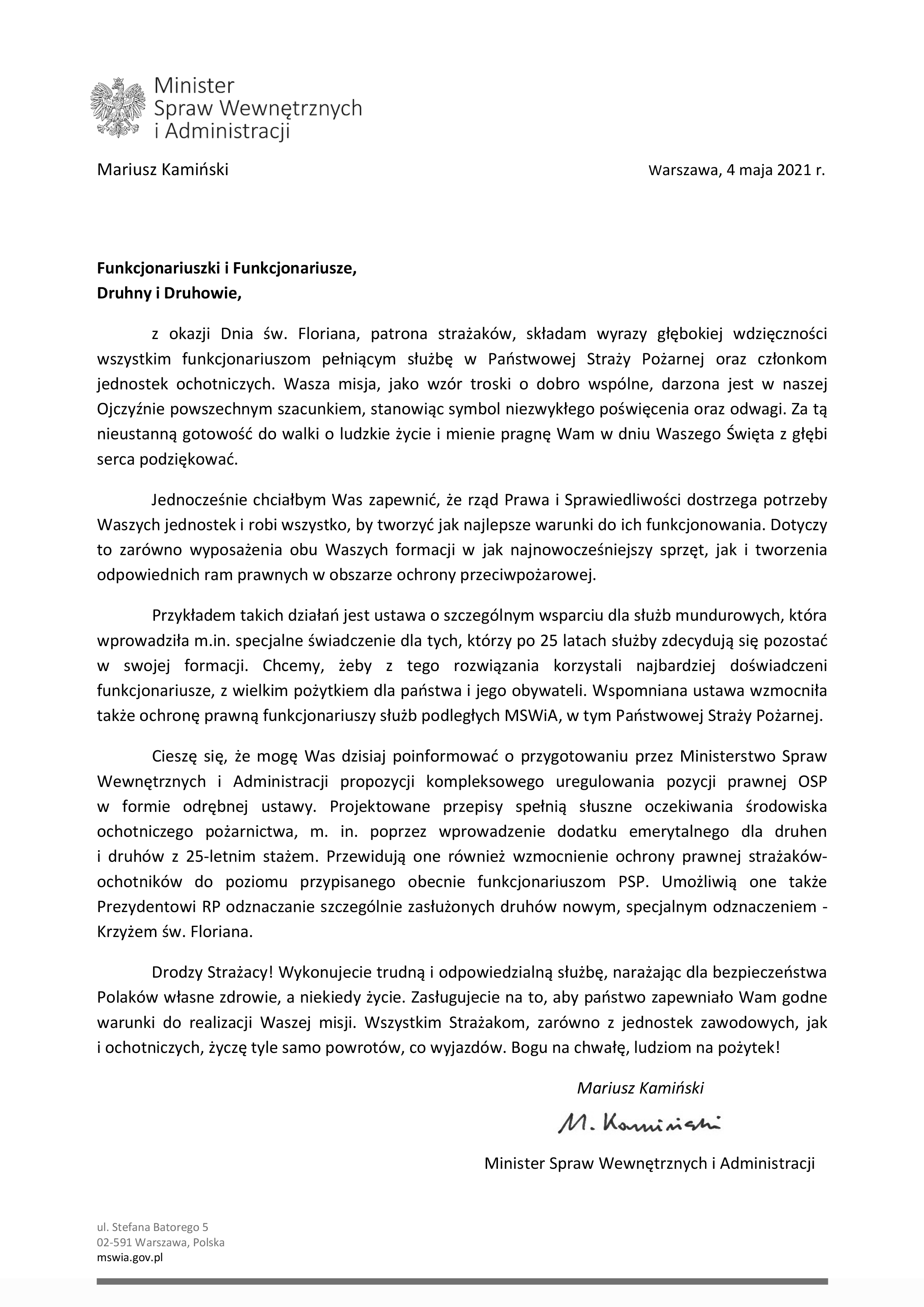 Życzenia Ministra Spraw Wewnętrznych i Administracji z okazji dnia strażaka