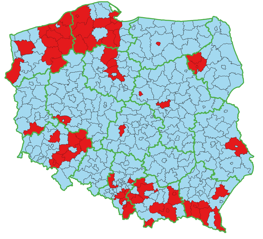 Ilustracja przedstawia mapę Polski, na której są zaznaczone powiaty w których jest przerwa w działaniu usługi WMS.