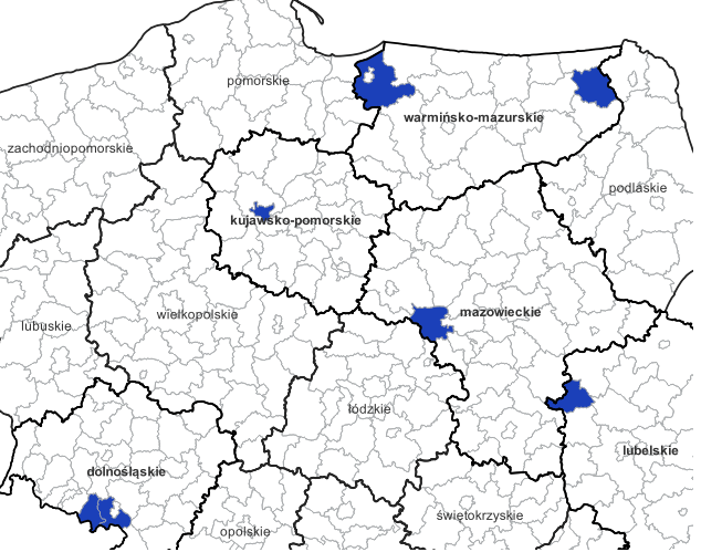 Ilustracja przedstawia obszary powiatów objętych aktualizacją zbiorów danych BDOT10k.