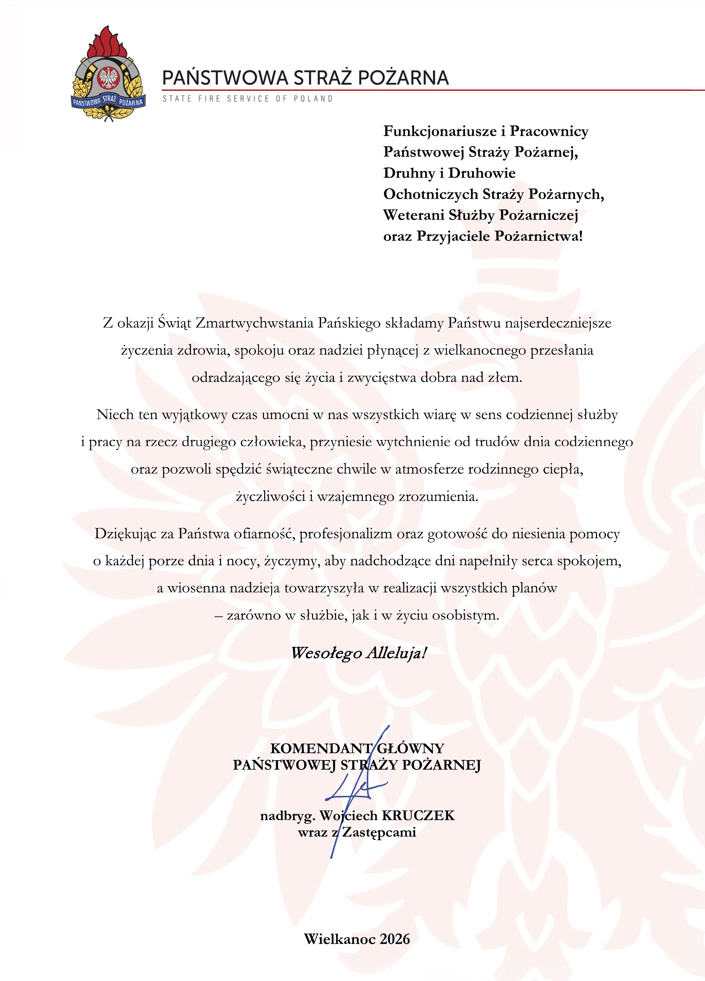 Życzenia Komendanta Głównego PSP z okazji Świąt Wielkiej Nocy