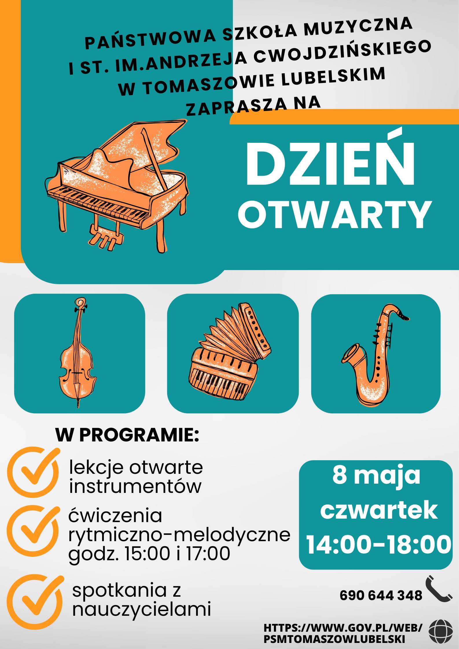 plakat z instrumentami muzycznymi usytuowanymi na różnych polach niebieskich, pomiędzy nimi informacje o programie dnia otwartego szkoły muzycznej