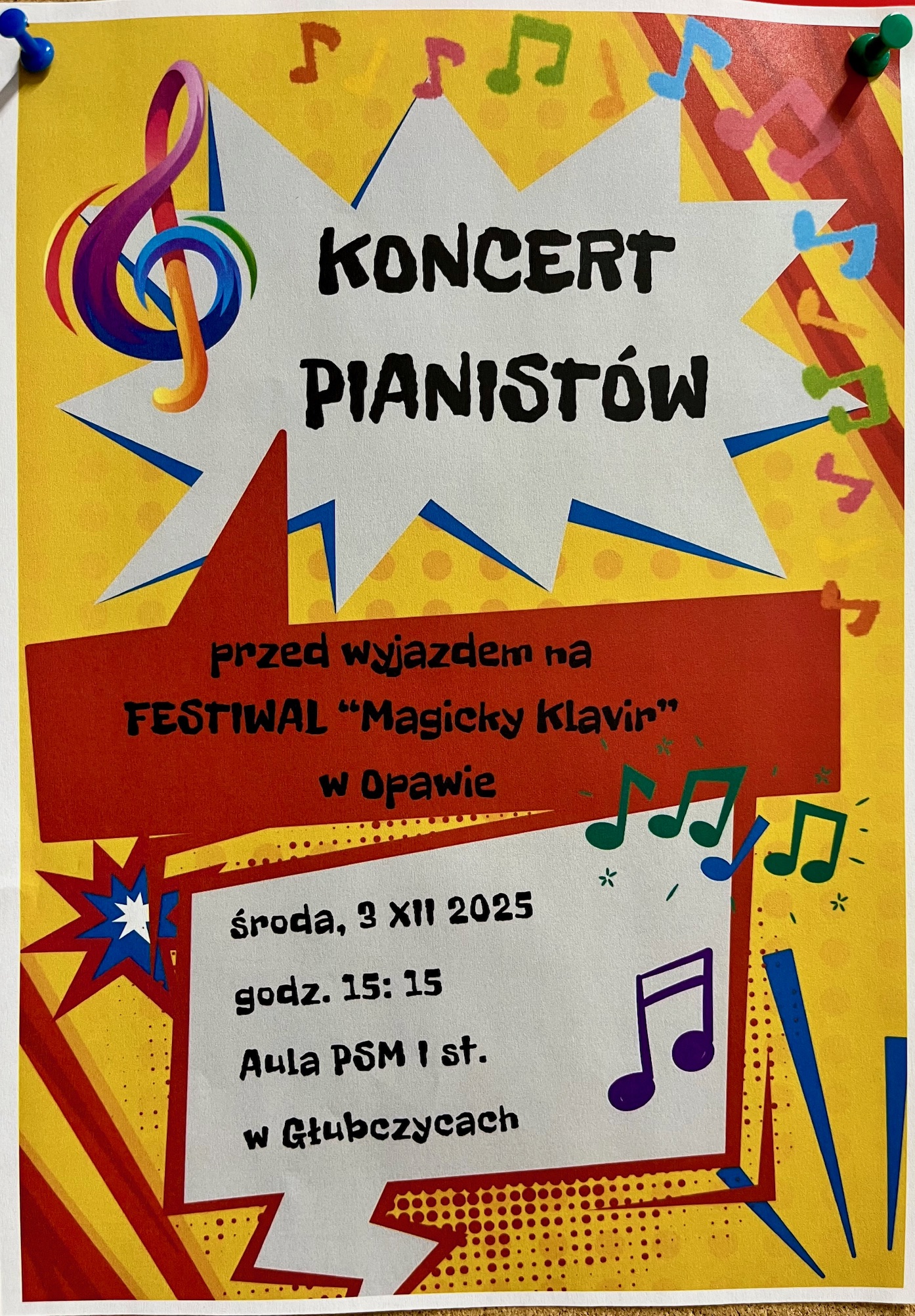 Koncert pianistów - 3 grudnia 2025 r godzina 15:15 aula PSM w Głubczycach