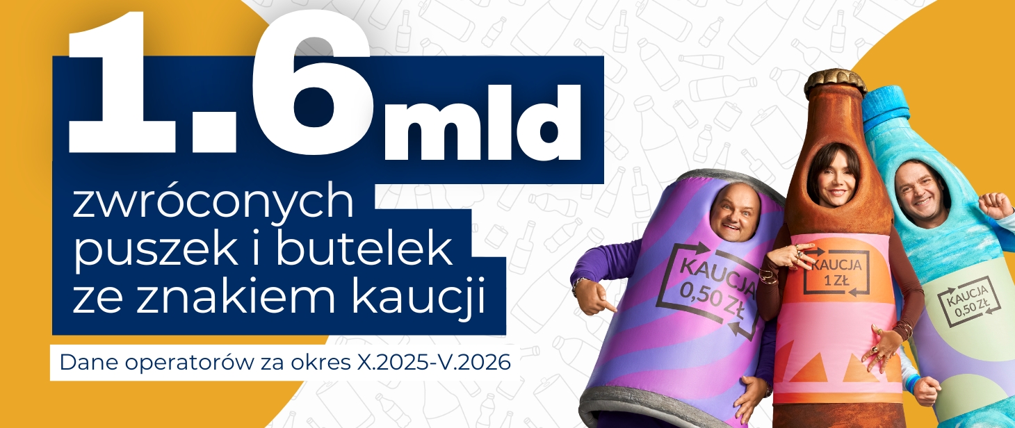 na zdjęciu widoczny jest napis: 1.6 mld zwróconych puszek i butelek ze znakiem kaucji. Dane operatorów za okres X.2025-V.2026. Po prawej stronie widoczni są bohaterowie kampanii 