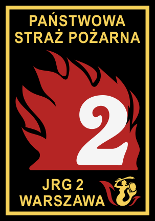 Logo w kształcie czarnej tarczy ze złotym konturem. W górnych narożnikach znajduje się flaga Polski oraz złota sylwetka Syrenki Warszawskiej. Centralną część loga tworzy duża biała cyfra dwa na tle czerwonych płomieni. Wokół jest napis Jednostka Ratowniczo-Gaśnicza Warszawa.