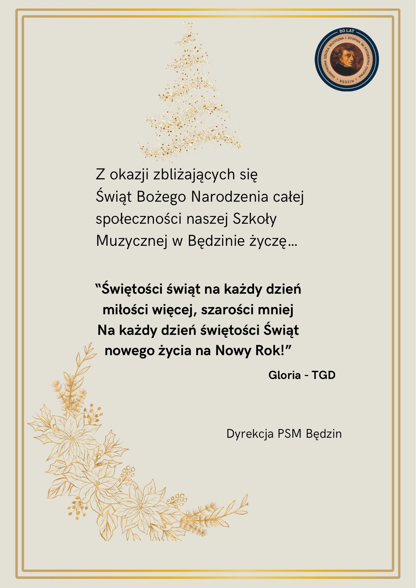 plakat na beżowym tle, na środku życzenia, po bokach logo, ikony brokatowej choinki i gwiazdy betlejemskiej