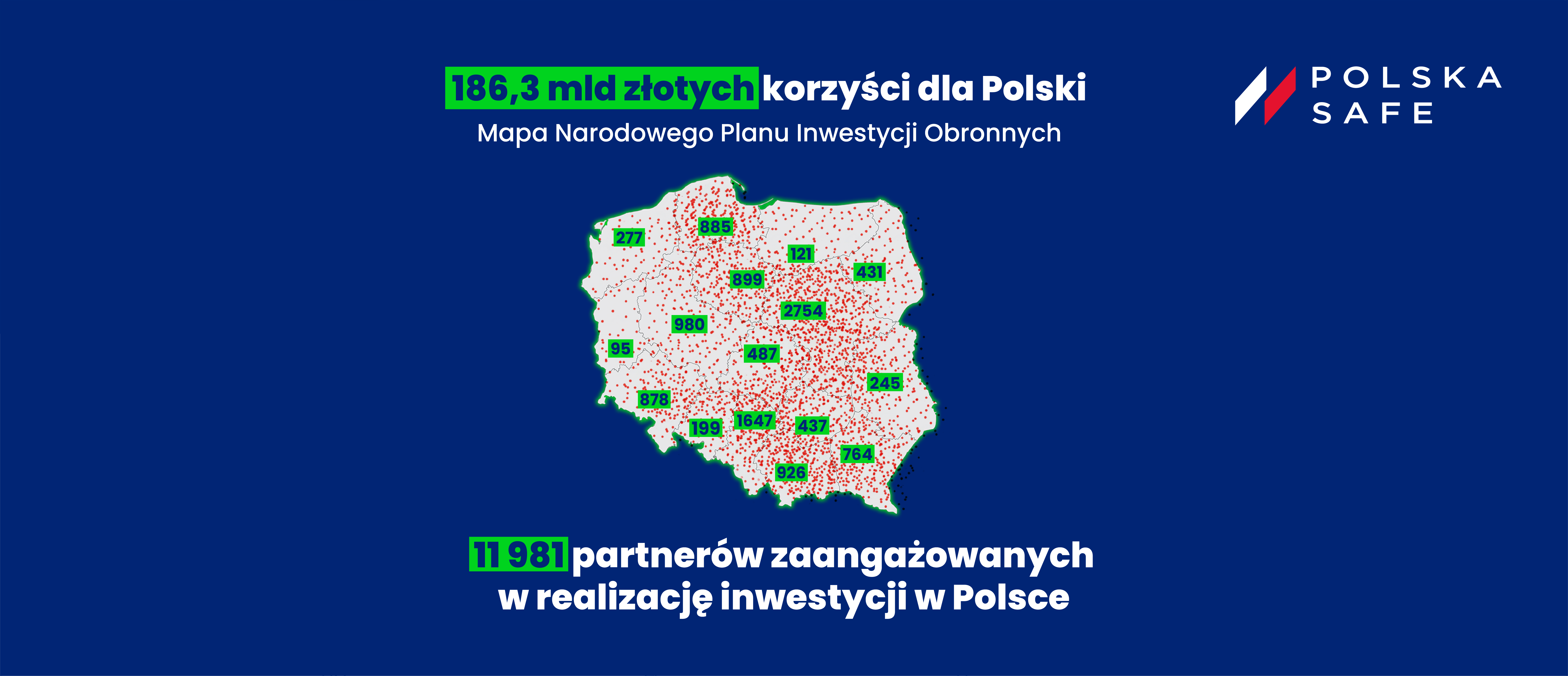 Grafika przedstawia kontur Polski z zaznaczonymi miejscami, gdzie znajdują się zakłady produkcyjne, które będą beneficjentami programu Polska Zbrojna. Nad mapą widnieje napis 