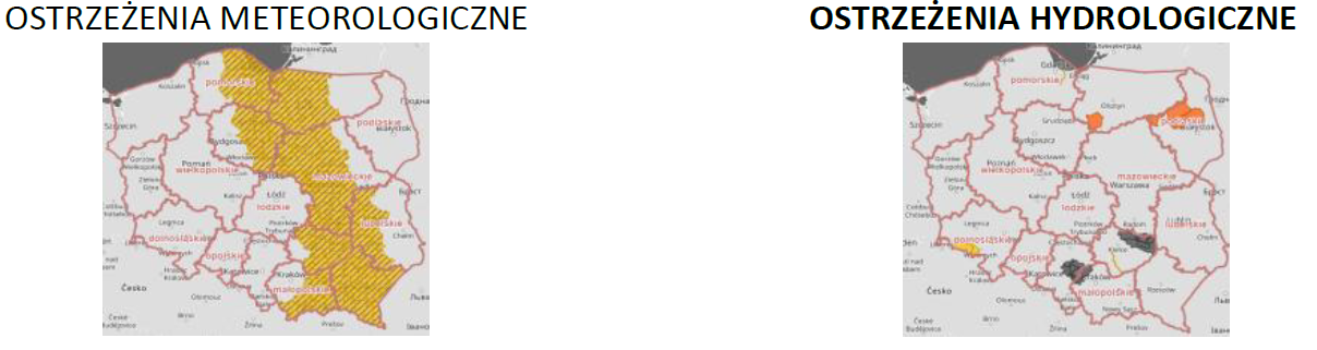 Ostrzeżenia meteorologiczne i hydrologiczne z podziałem na województwa - 15 stycznia 2026. Kolor czerwony dla ostrzeżeń 3 stopnia, pomarańczowy dla 2 stopnia, żółty dla 1 stopnia, szary dla suszy, biały brak ostrzeżeń. 