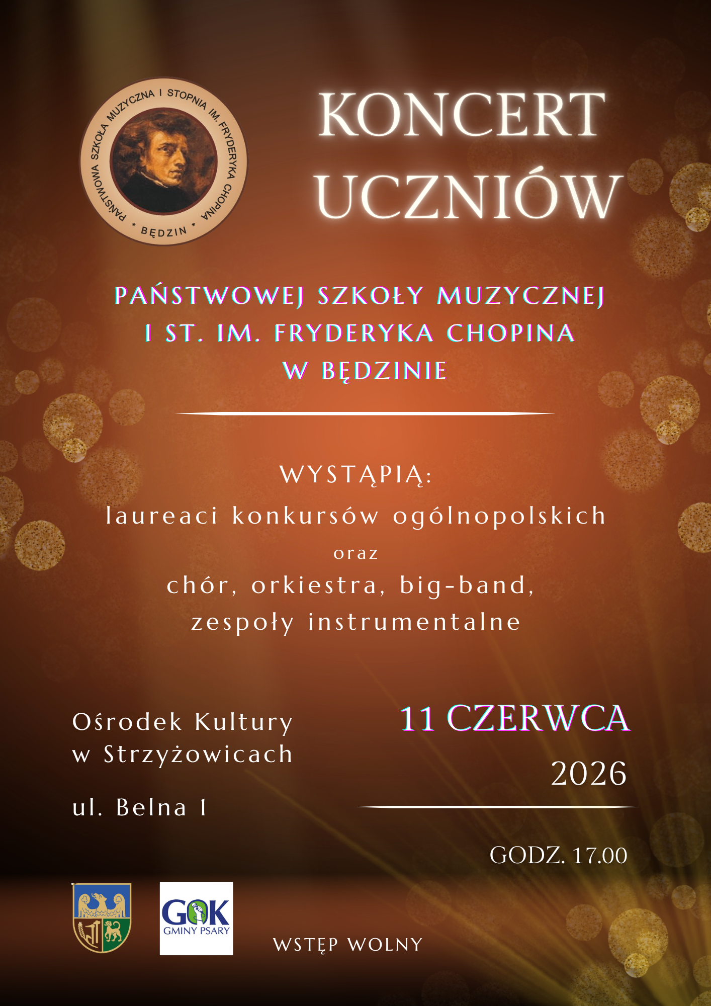 plakat na brązowym tle, na środku opisy wydarzenia, na dole i od góry loga