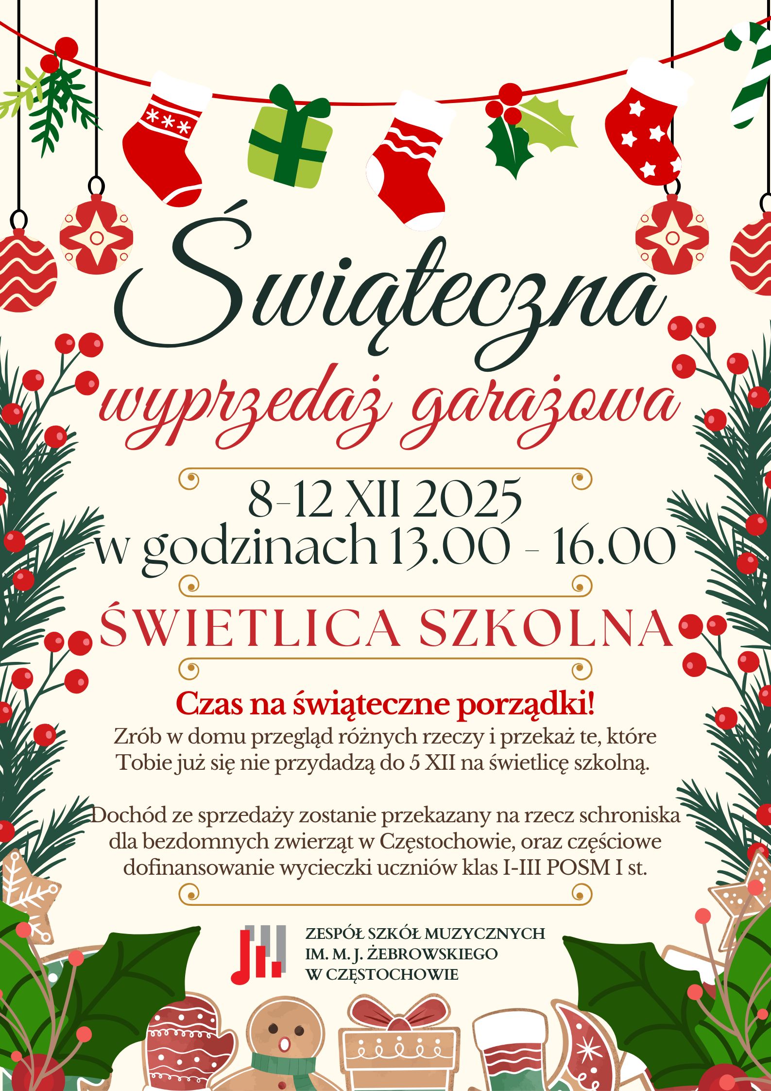 Kremowe tło z grafikami symbolizującymi Święta Bożego Narodzenia, tekst dotyczący świątecznej wyprzedaży garażowej 8-12 grudnia 2025 r. w świetlicy ZSM