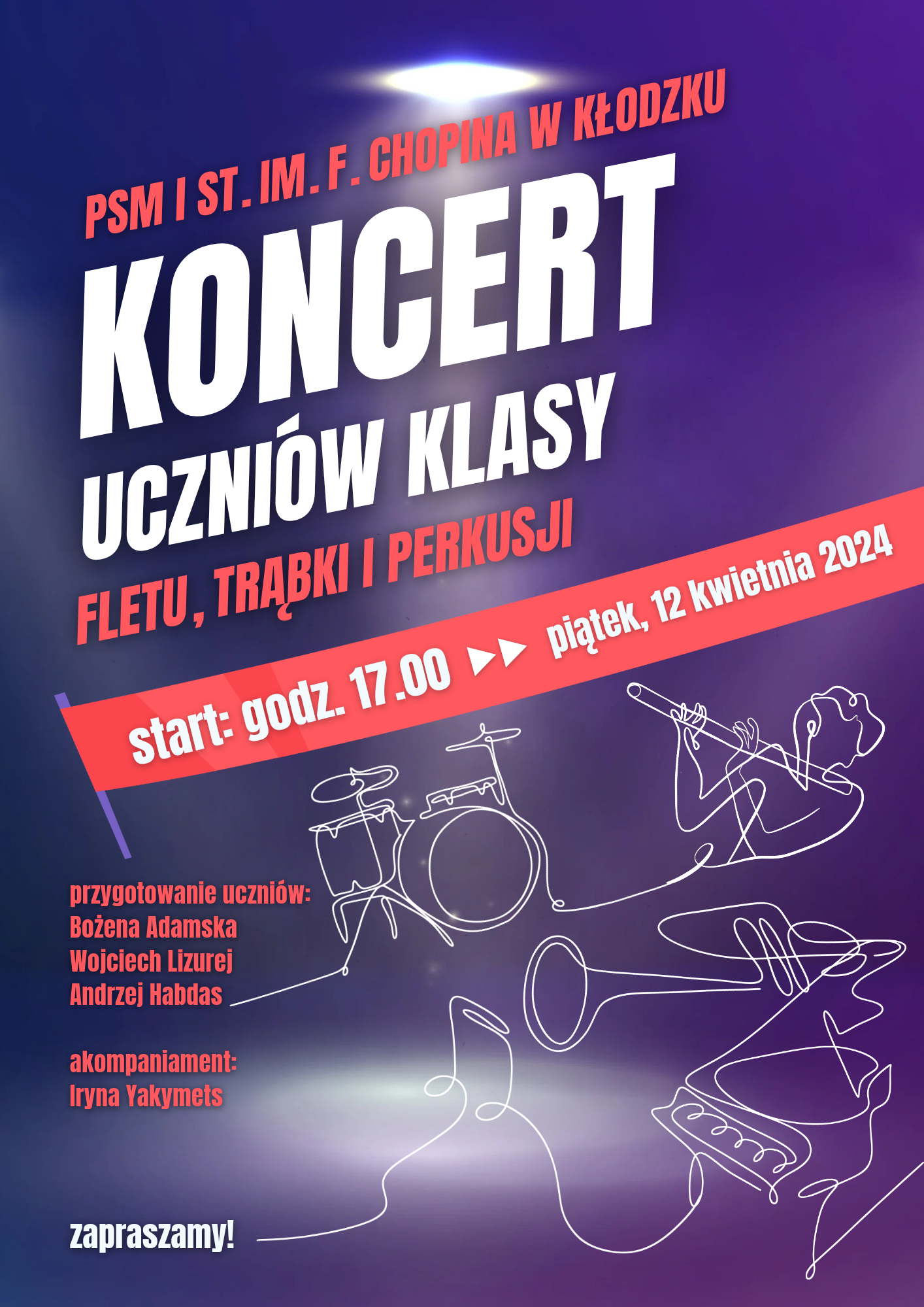 Plakat na fioletowym tle z informacją tekstowa dotyczącą koncertu uczniów klasy fletu, trąbki i perkusji, który odbędzie się 12 kwietnia 2024 w auli PSM w Kłodzku