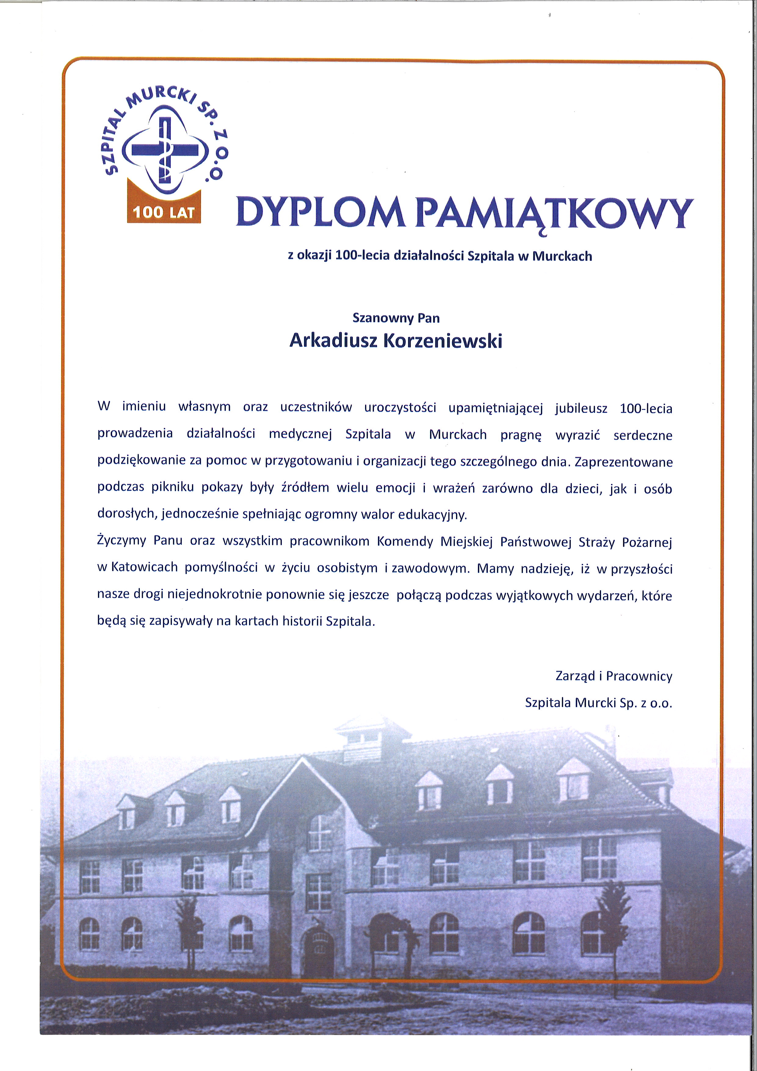 Dyplom pamiątkowy z okazji 100 lecia działalności Szpitala w Murckach 