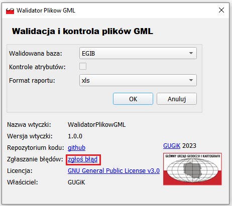 zrzut przedstawia wtyczkę do oprogramowania QGIS-"Walidacja i kontrola plików GML" ze wskazaniem sposobu zgłaszania błędów