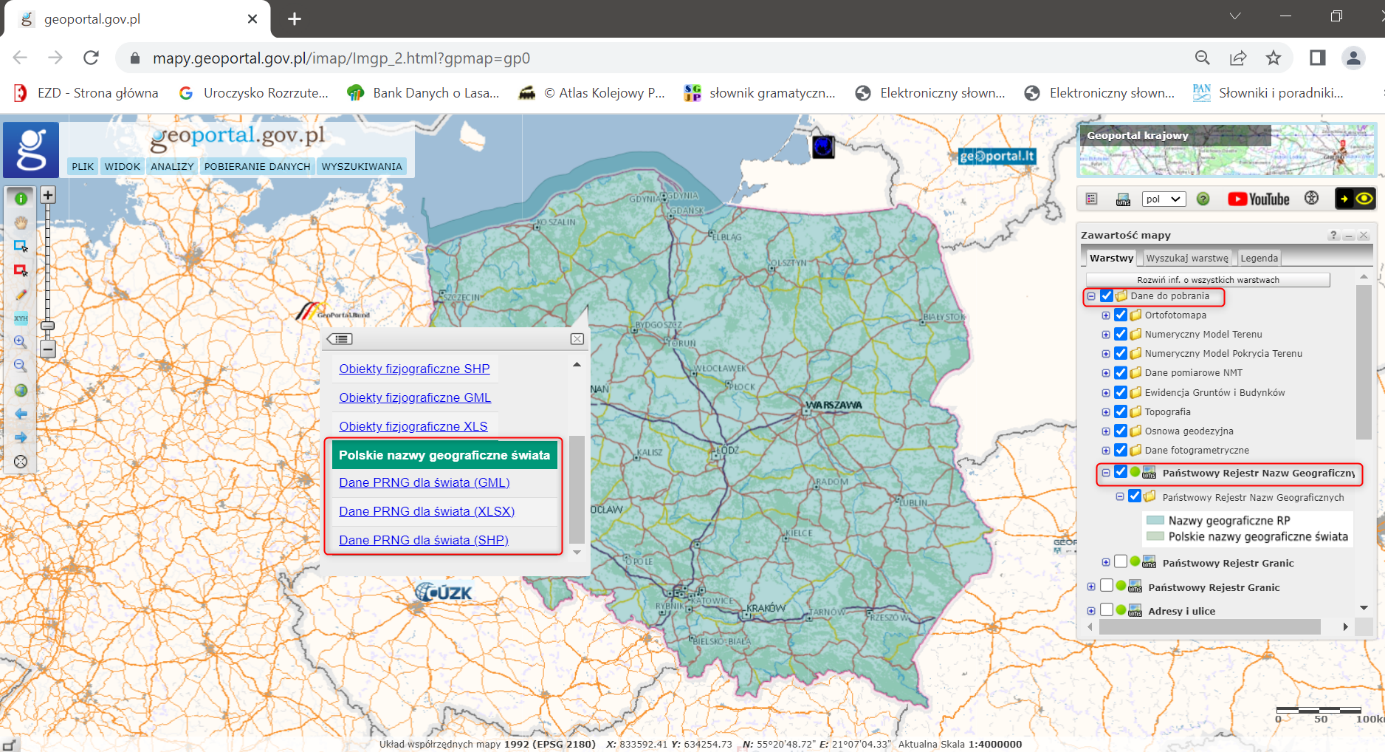 Ilustracja przedstawia okno strony geoportal.gov.pl z oznaczoną warstwą dane do pobrania i podwarstwą Państwowy rejestr nazw geograficznych oraz okno z linkami do plików gml, xls,shp