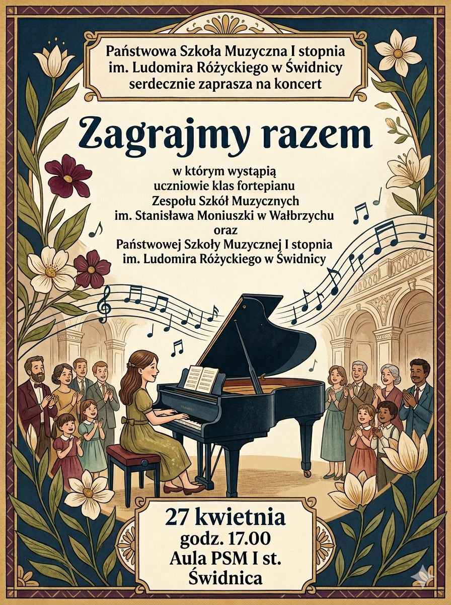 Plakat przedstawia tło rysowane wiaty na około plakatu w kolorze szaro-żółto zielonym. Na Środku dziewczynka siedzi przy fortepianie wokół osoby klaszczące . Na górze tytuł " Zagrajmy razem , poniżej opis wydarzenia. Na dole w ozdobnej ramce data i miejsce koncertu.
