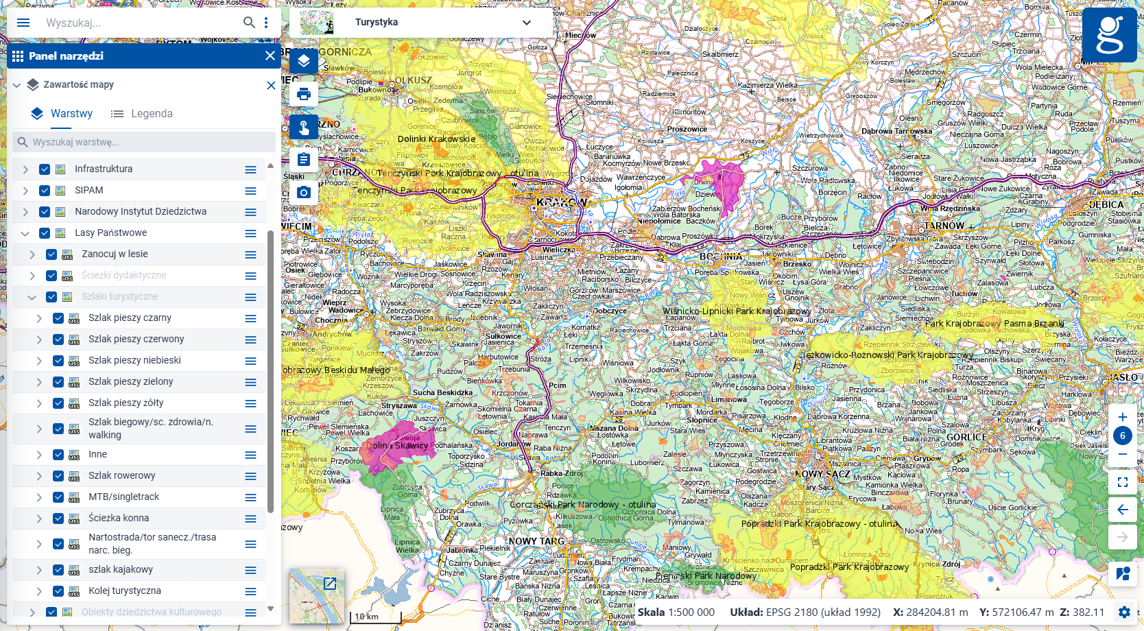 zrzut ekranu prezentujący moduł "Turystyka" w serwisie www.geoportal.gov.pl