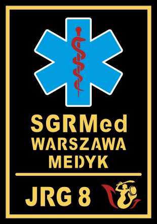 Logo w kształcie czarnej tarczy ze złotym konturem. W górnych narożnikach znajduje się flaga Polski oraz złota sylwetka Syrenki Warszawskiej. Centralną część loga tworzy niebieska gwiazda życia w której środku znajduje się czerwony wąż eskulapa owinięty wokół czerwonej laski. Wokół jest napis Grupa Ratownictwa-Medycznego 5 JRG 8 Warszawa.