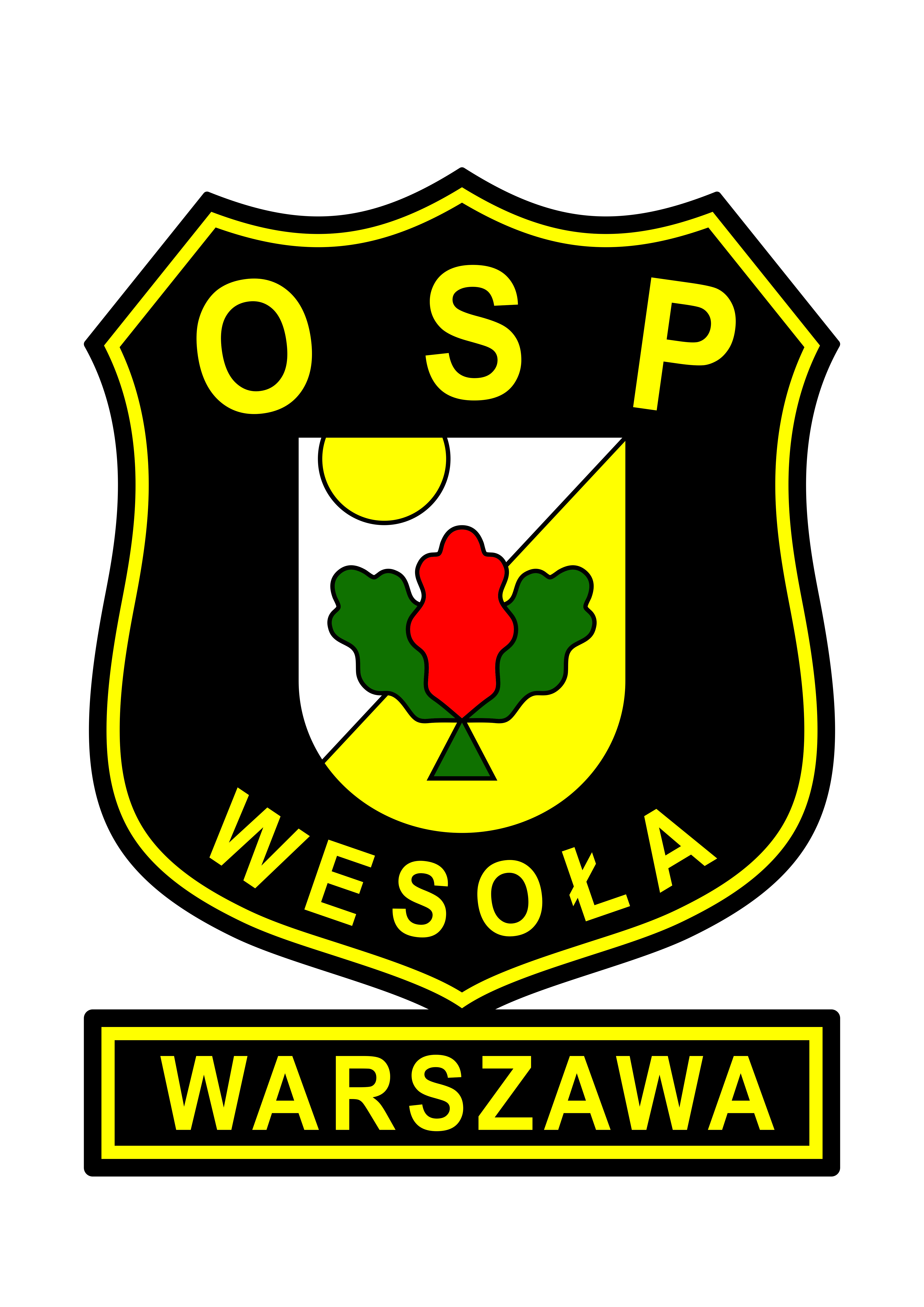 Logo w kształcie czarnej tarczy z żółtym obrysem. Centralną część loga tworzą dwa zielone oraz jeden czerwony liść żołędzia z imitacją żółtego słońca na biało-żółtym tle. Wokół widnieje żółty napis OSP Wesoła. Pod tarczą, na czarnym kwadracie z żółtym obrysem widnieje żółty napis Warszawa.