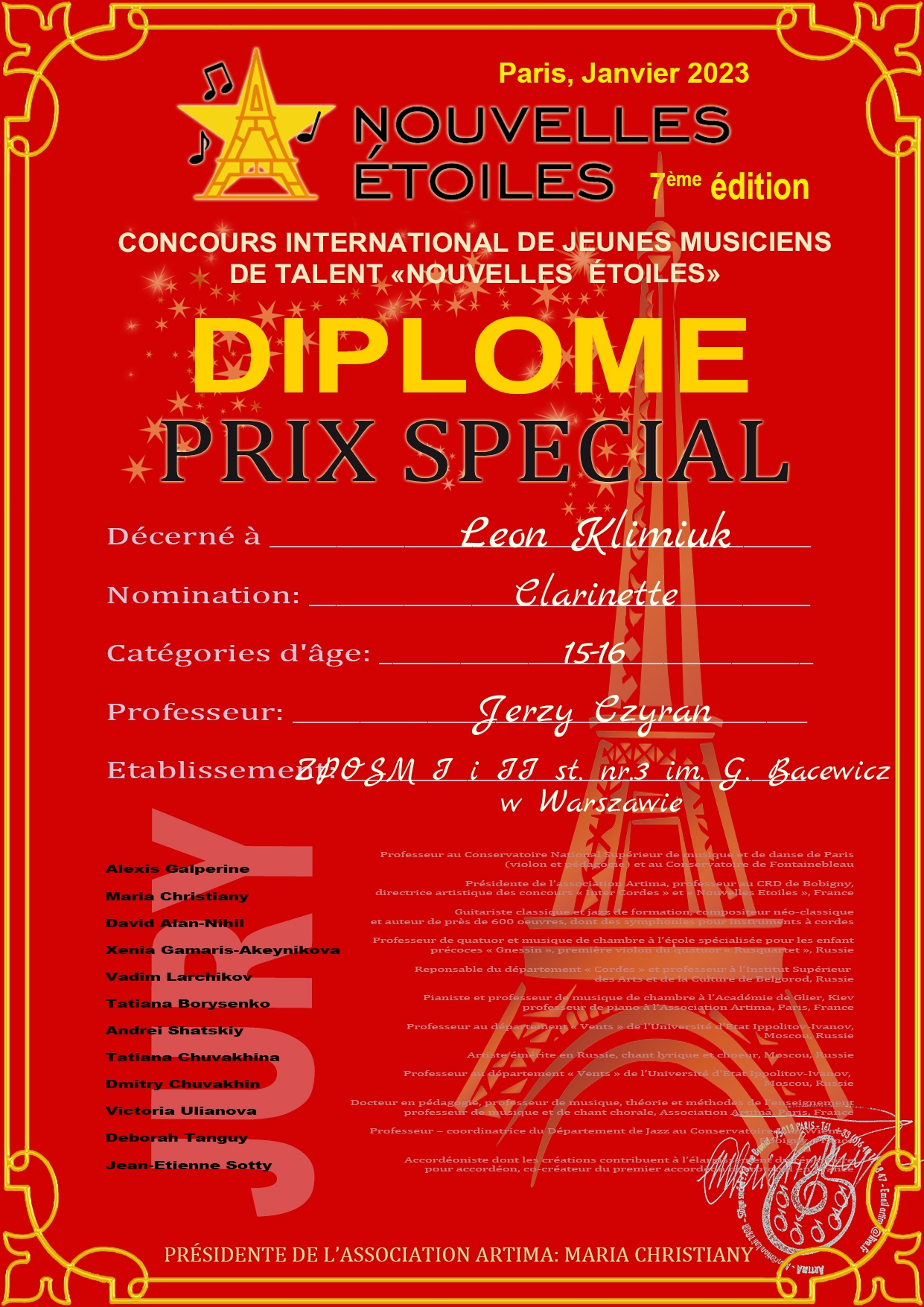 Dyplom dla Leona Kliumiuka : PRIX SPECIAL