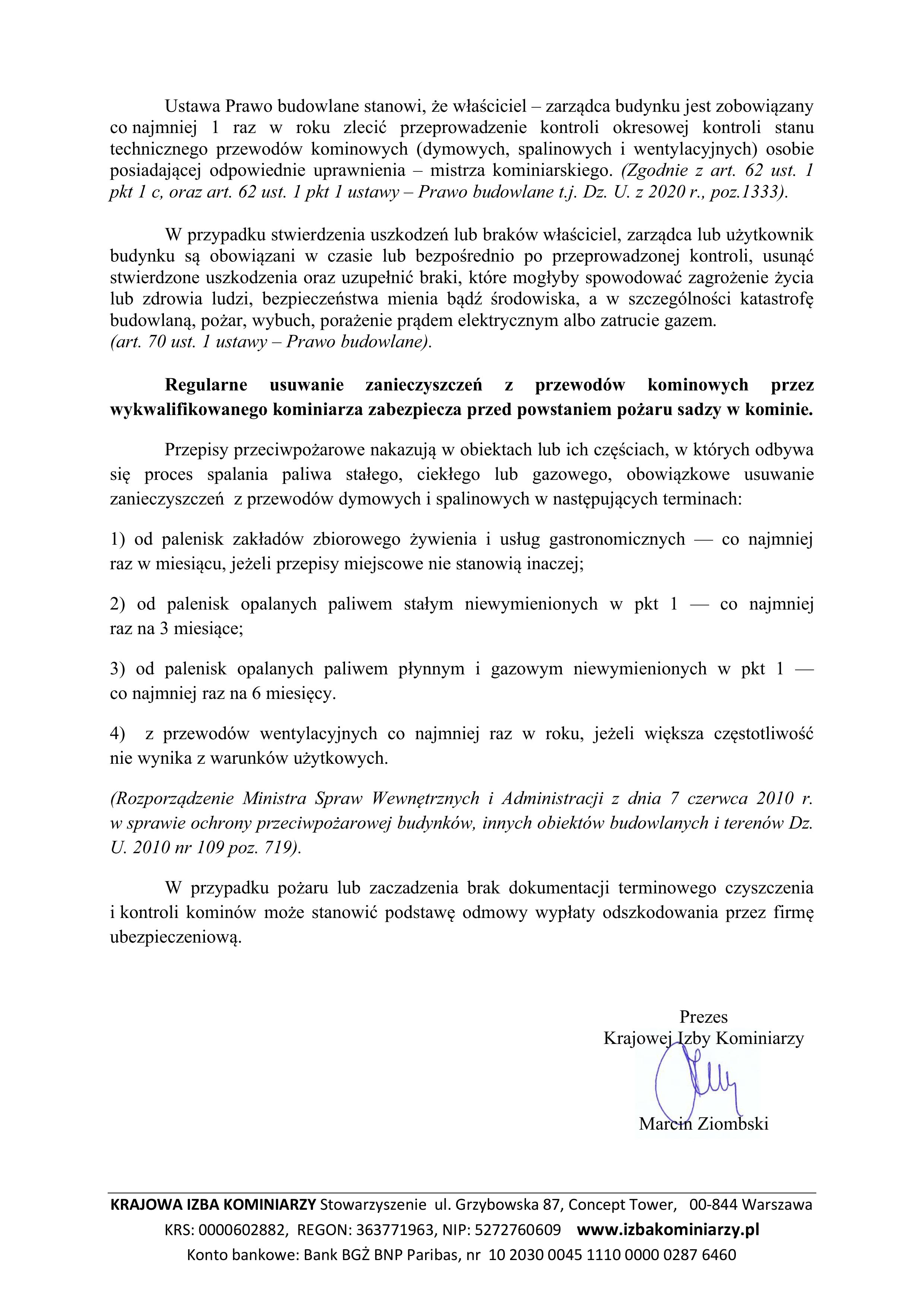 Komunikat Prezesa Krajowej Izby Kominiarzy