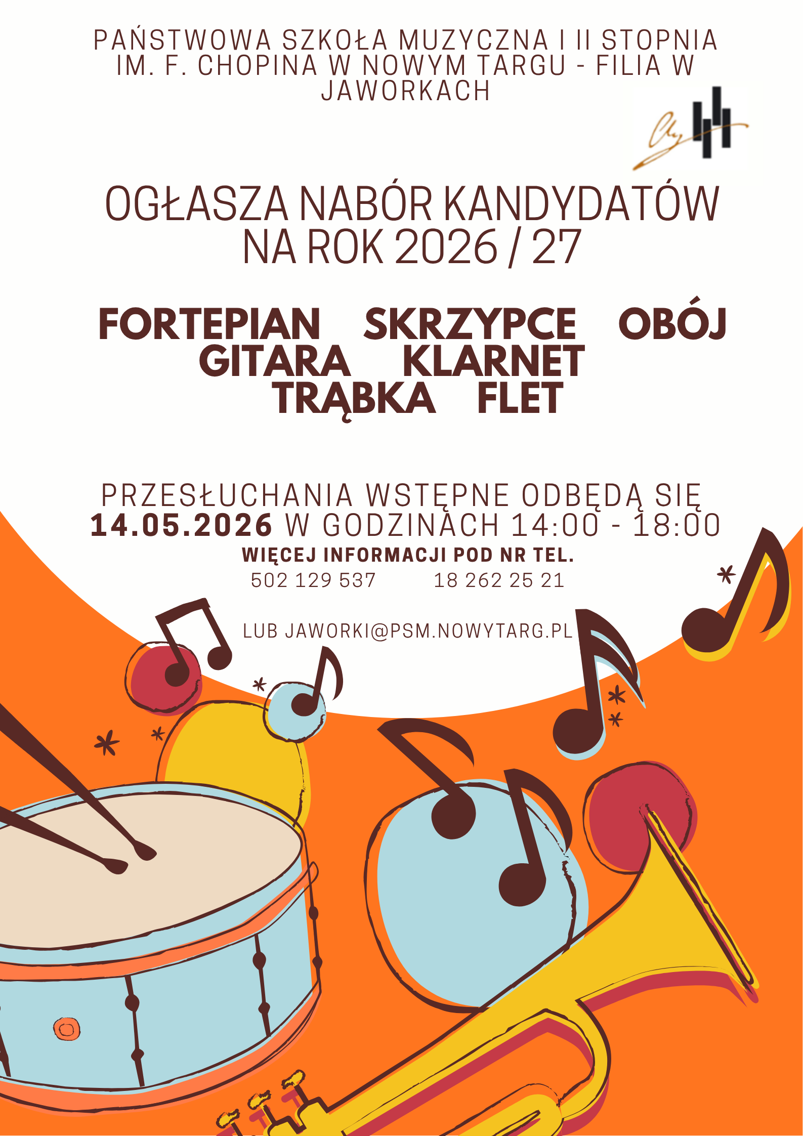 Plakat zachęca żywą, ciepłą kolorystyką i radosną grafiką, która od razu przywodzi na myśl energię płynącą z muzyki. Dominujący kolor pomarańczowy w dolnej części grafiki, ozdobiony ilustracjami bębna, trąbki oraz roztańczonych nut, tworzy przyjazną atmosferę – idealną dla młodych artystów stawiających swoje pierwsze kroki w świecie dźwięków.