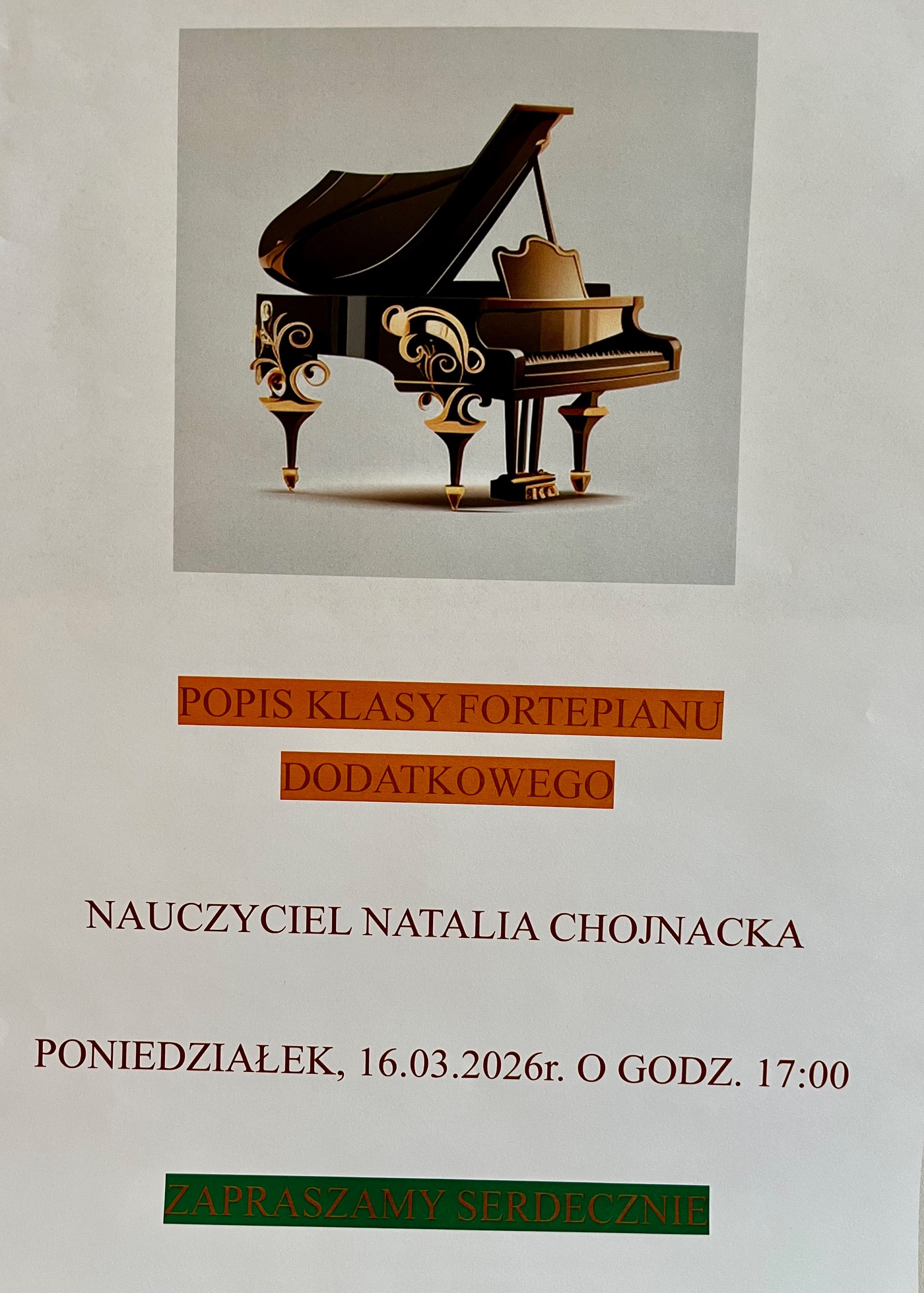 Popis klasy fortepianu dodatkowego p. Natalii Chojnackiej - 16 marzec 2026r.