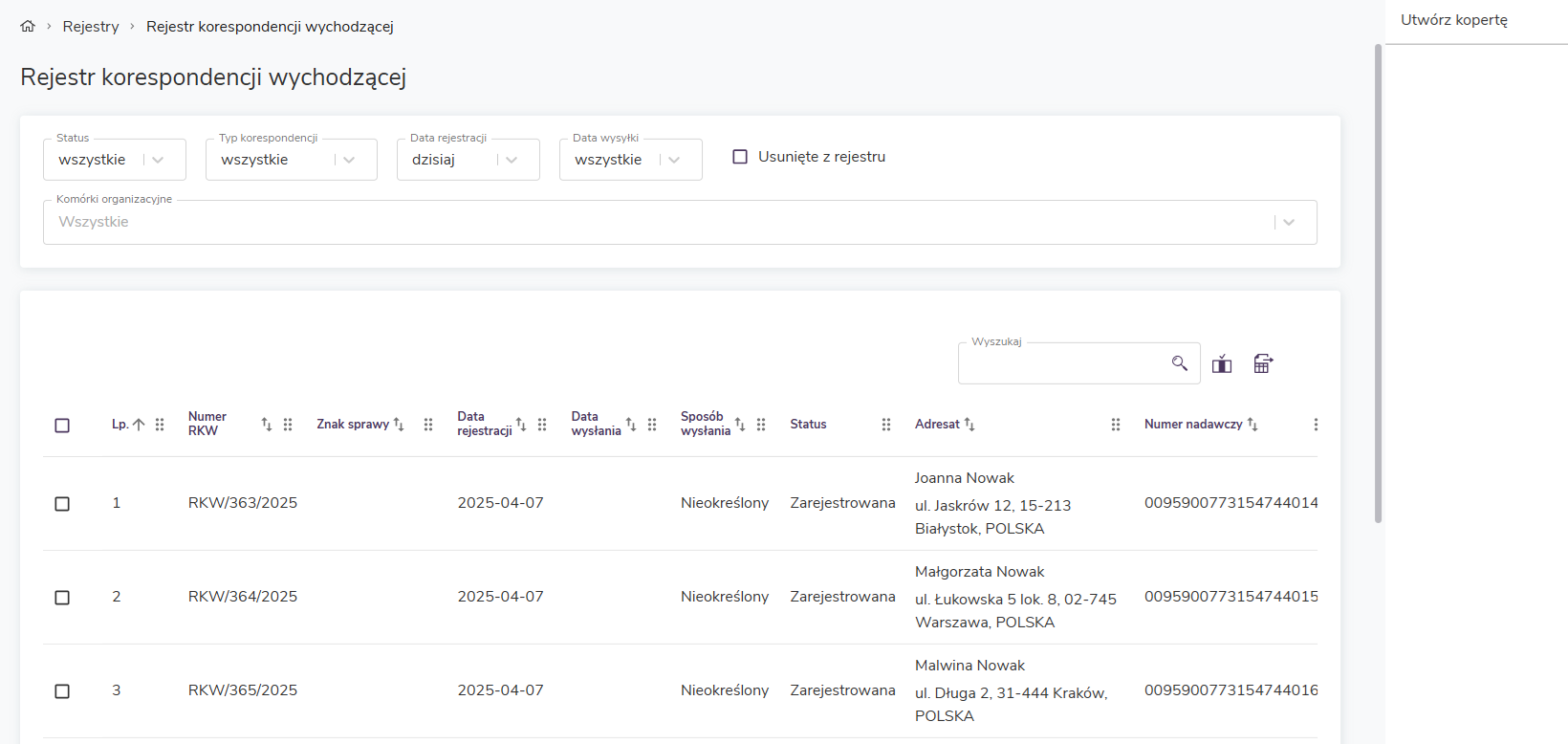 Widok rejestru korespondencji wychodzącej w EZD RP. System klasy EZD powinien przenosić tradycyjny sposób zarządzania dokumentacją do środowiska elektronicznego, m.in. musi zapewnić moduł rejestrowania korespondencji.