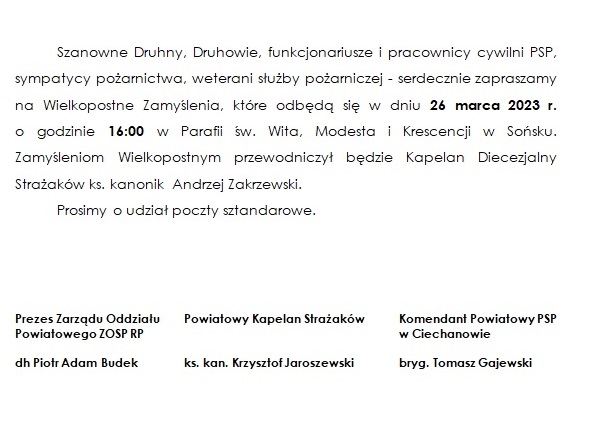 Zaproszenie na Wielkopostne Zamyślenia Strażackie 2023
