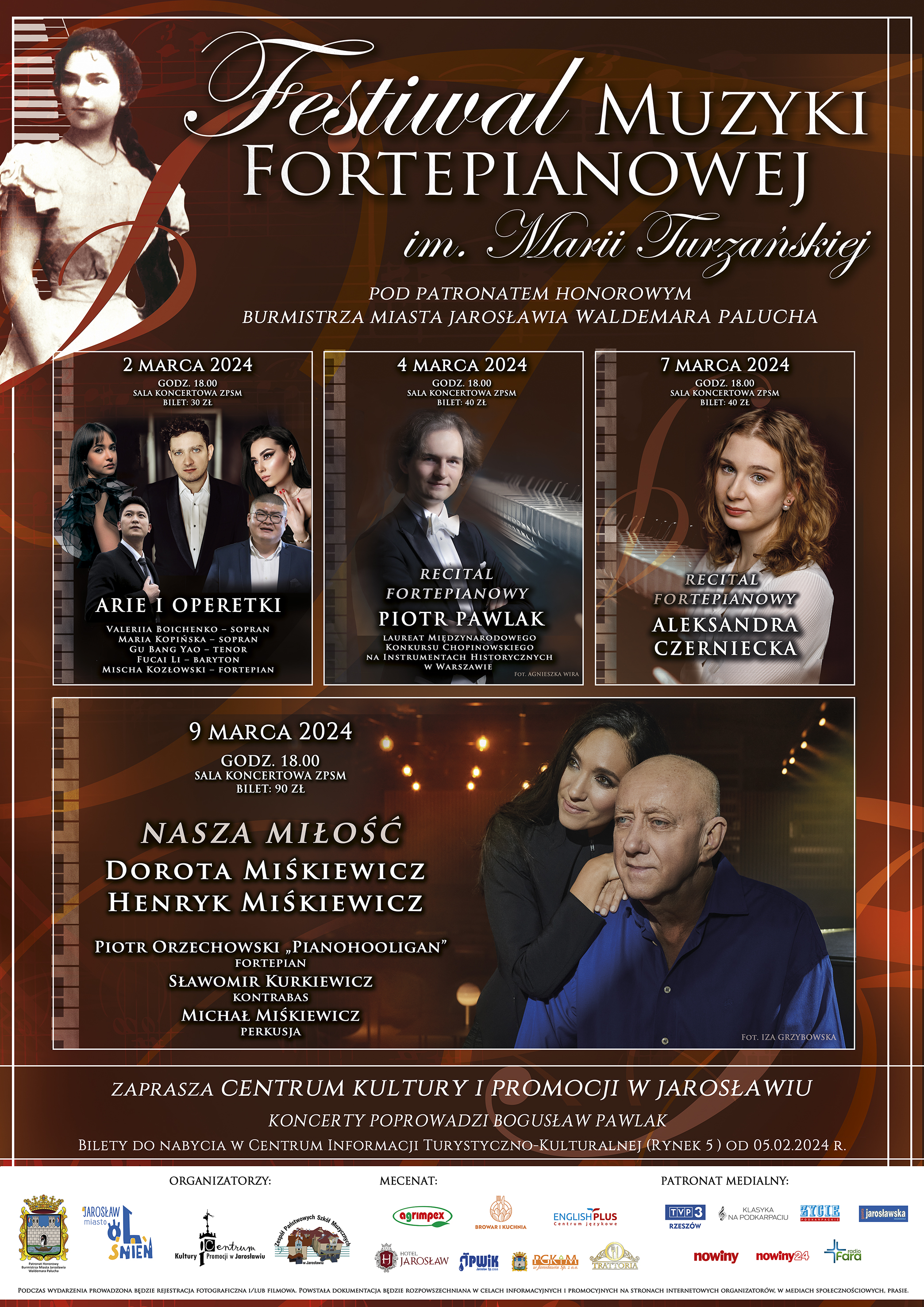 Plakat reklamowy - Festiwal Muzyki Fortepianowej im. Marii Turzańskiej - Jarosław 2-9 marca 2024