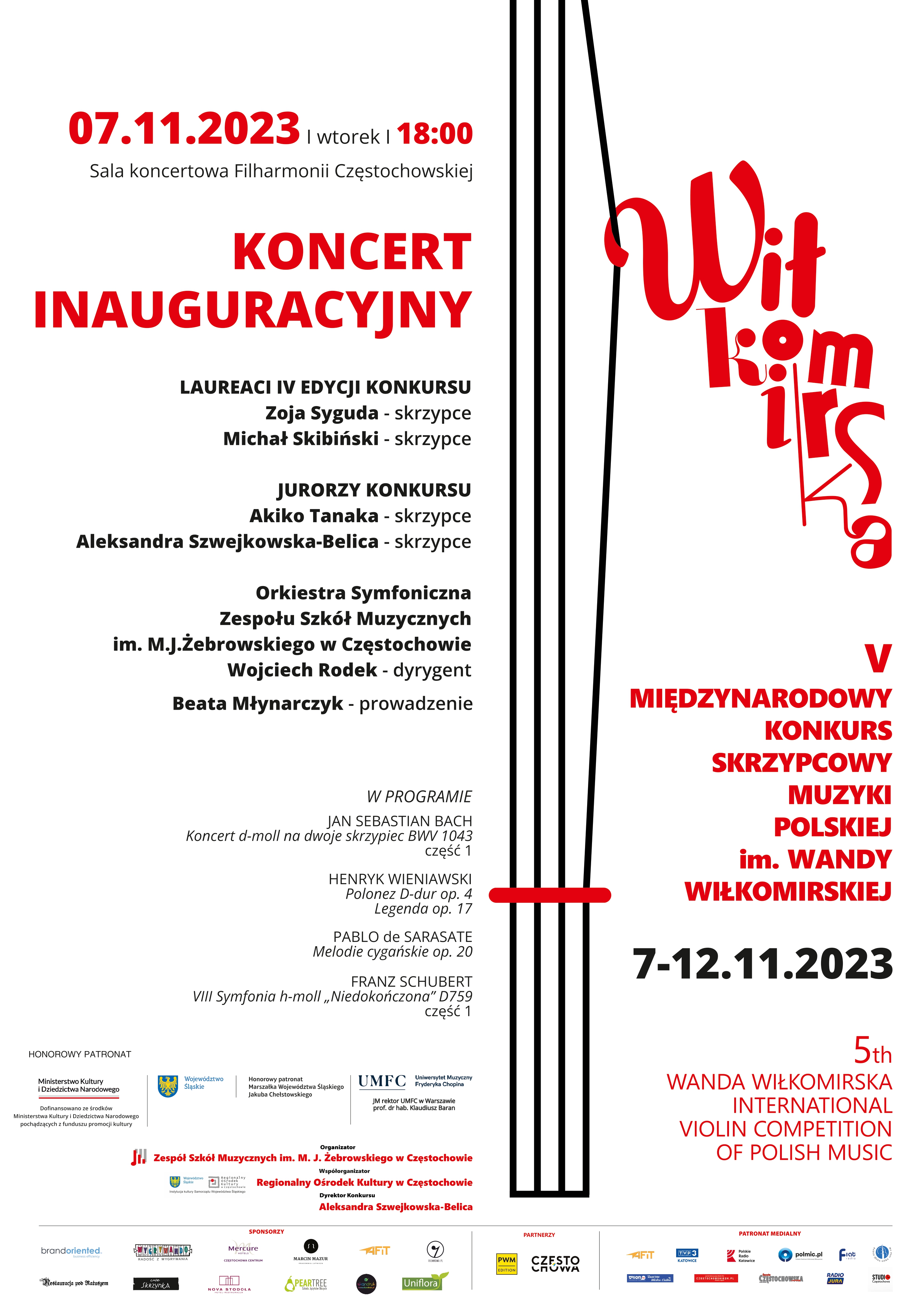 Na białym tle informacje dotyczące koncertu inaugurującego V Międzynarodowy Konkurs Skrzypcowy Muzyki Polskiej w Częstochowie