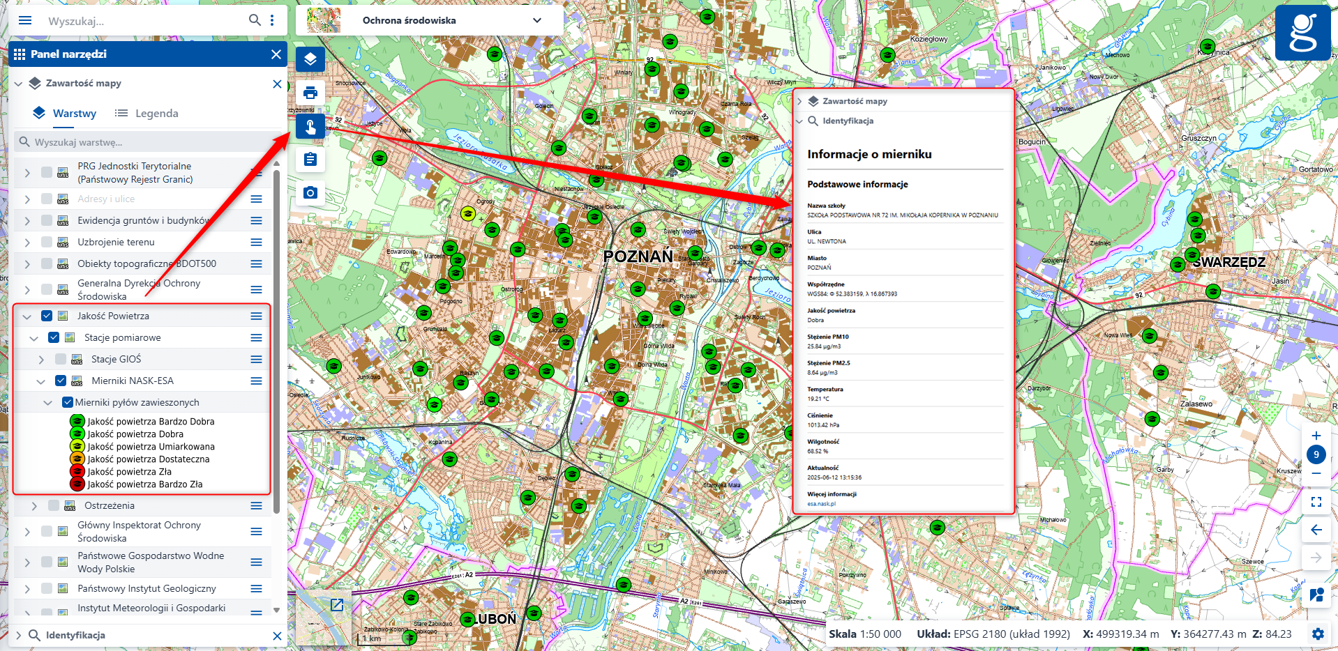  Ilustracja przedstawia dane z warstwy "Mierniki pyłów zawieszonych"