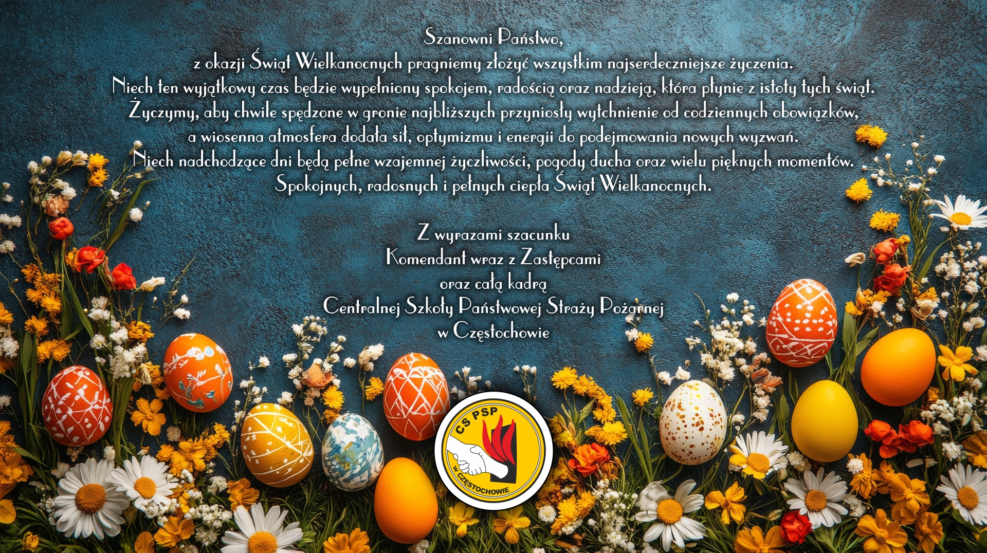 Okolicznościowa grafika w formie kartki z życzeniami z okazji Świąt Wielkanocnych od Komendanta wraz z Zastępcami oraz kadrą Szkoły