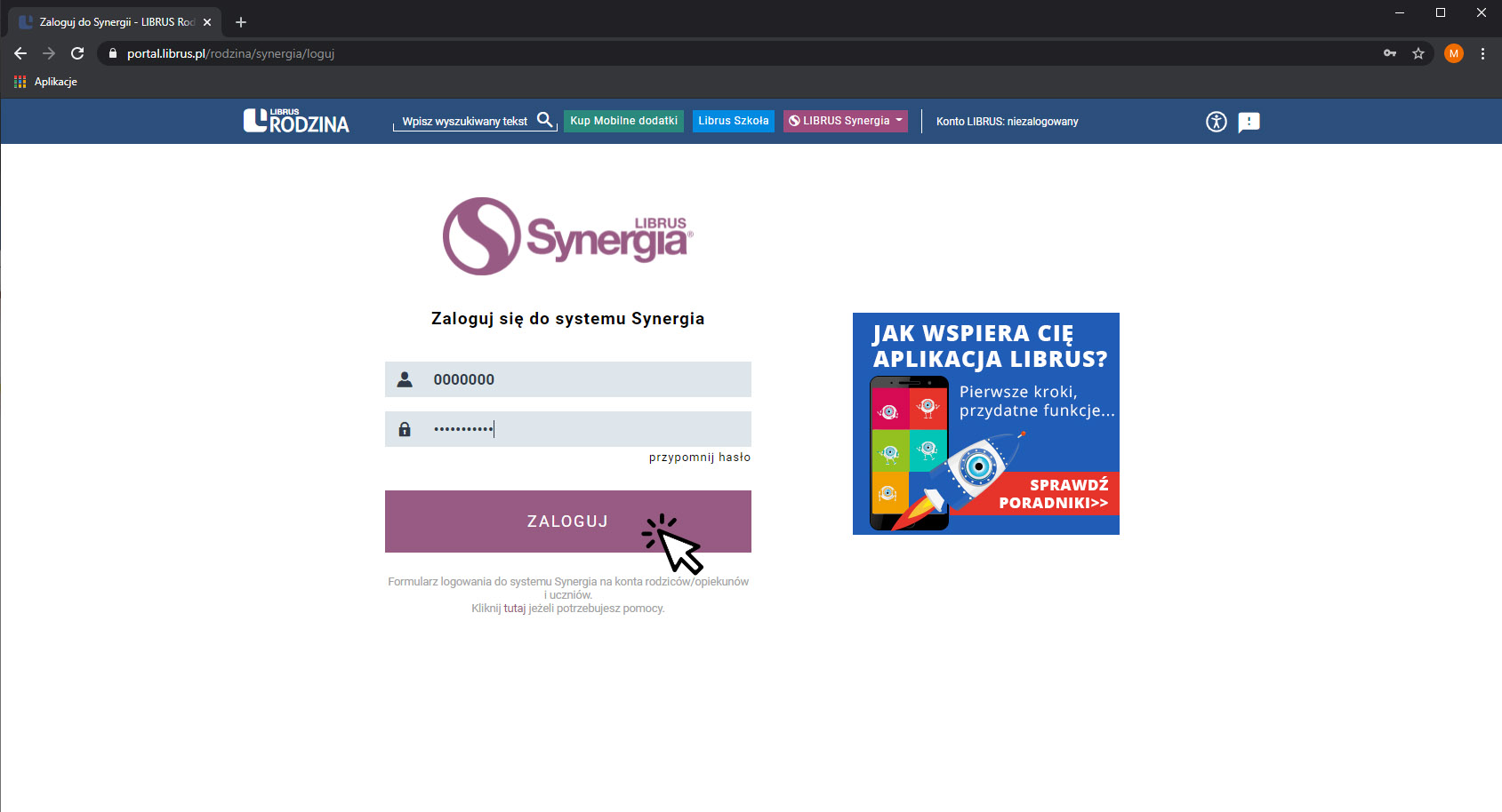 Obraz przedstawiający zrzut ekanu strony internetowej portal.librus.pl/rodzina/synergia/loguj, na której widoczne jest okno do logowania, w którym wpisuje się dane, login i hasło otrzymane ze szkoły. Na środku widoczna duża strzałka, umieszczona na napisie zaloguj.