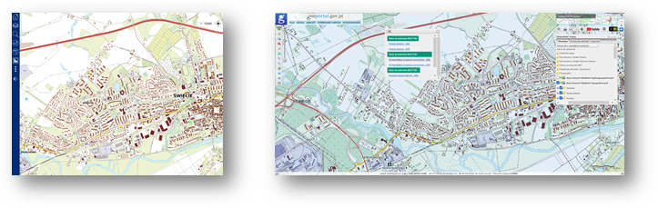 2 Ilustracja przedstawia zaktualizowany zbiór danych BDOT10k dla powiatu świeckiego w Portalu BDOT10k oraz w usłudze Baza Danych Obiektów Topograficznych.