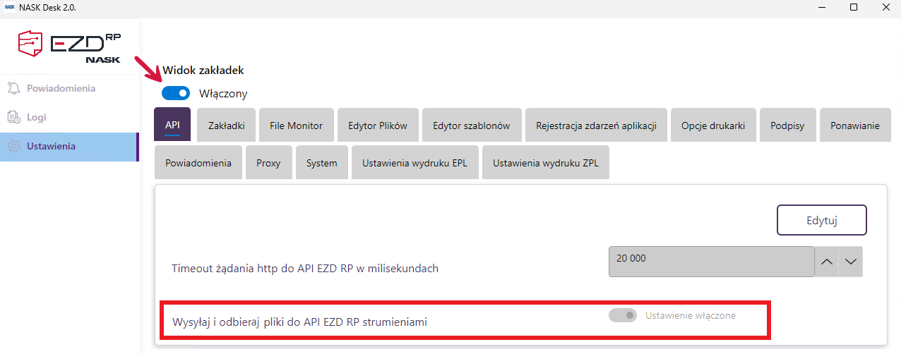 Widok aplikacji z aktywnymi zakładkami. Na dole zrzutu widoczna jest opcja pozwalająca na obsługę zapisu i odczytu dokumentów w trybie strumieniowym.
