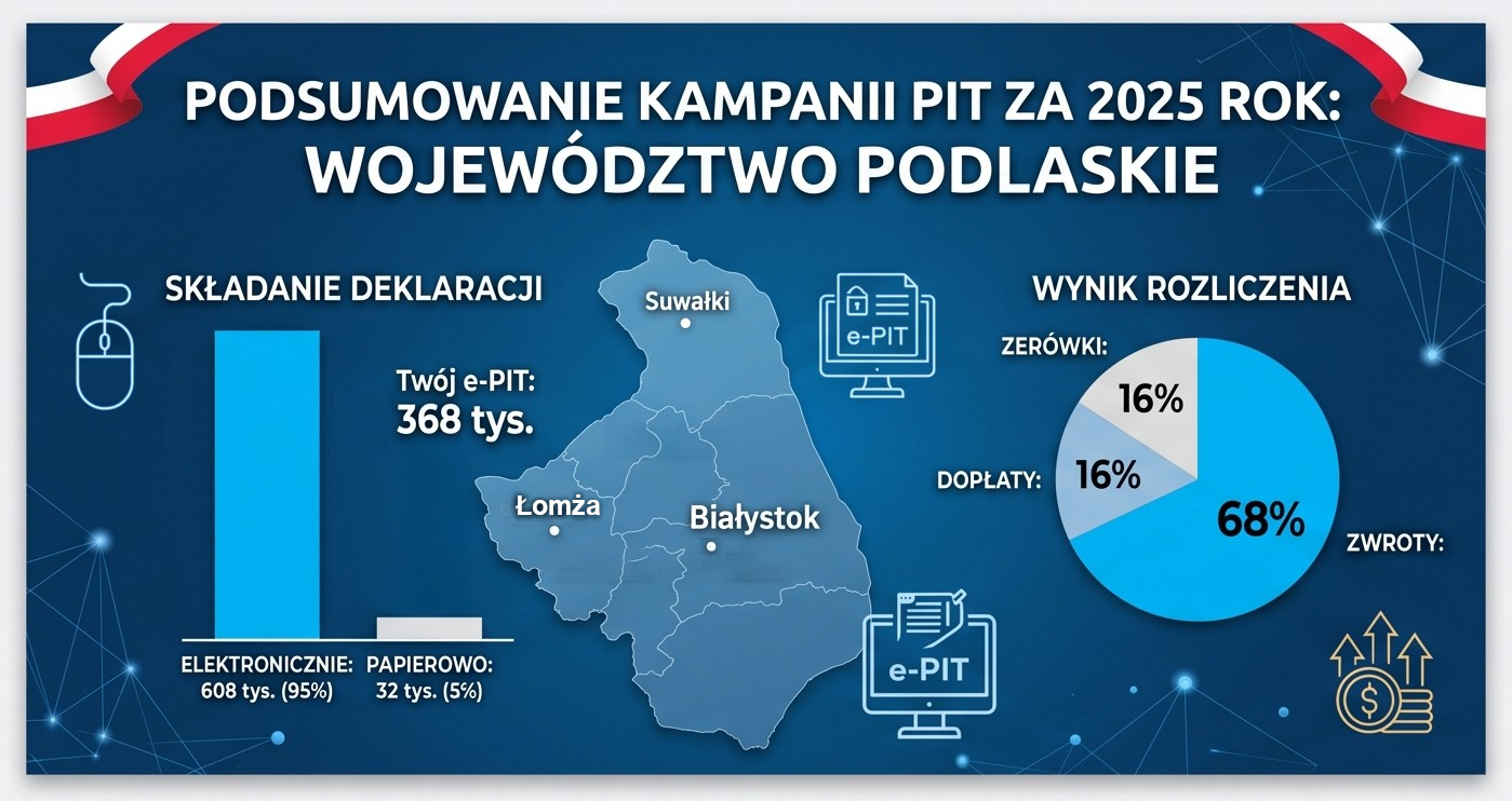 Podsumowanie kampanii PIT za 2025 województwo podlaskie Składanie deklaracji 608 tys. elektronicznie 32 tys. papierowo 68% zwrotów 16% dopłaty 16% zwroty