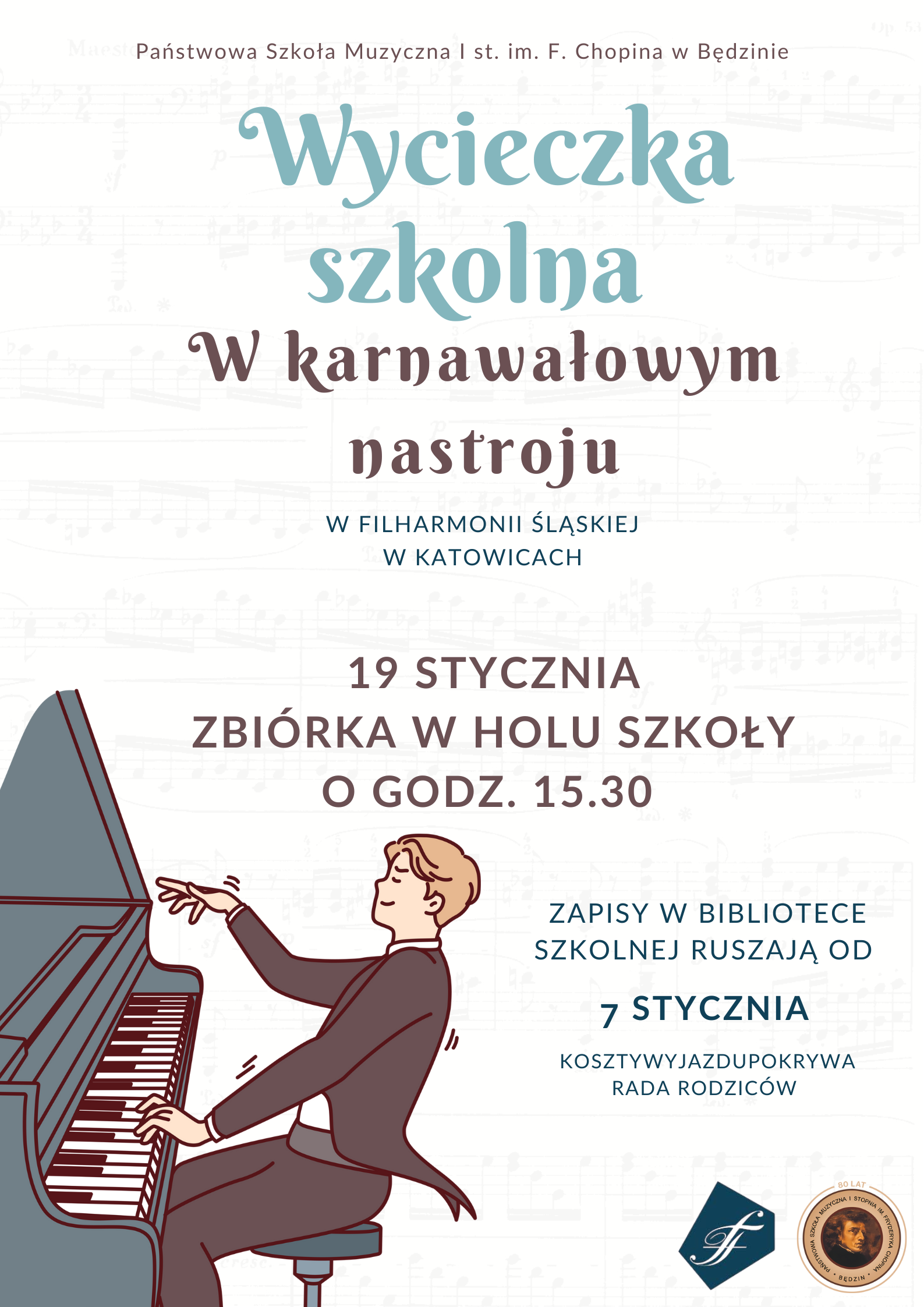 plakat na jasnym tle, na dole ikona fortepianu i pianisty, na środku napisy