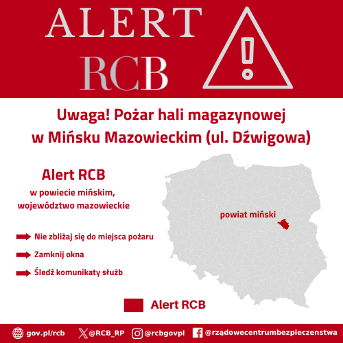 Uwaga! Pożar hali magazynowej w Mińsku Mazowieckim (ul. Dźwigowa). Nie zbliżaj się do miejsca pożaru. Nie otwieraj okien. Śledź komunikaty służb.