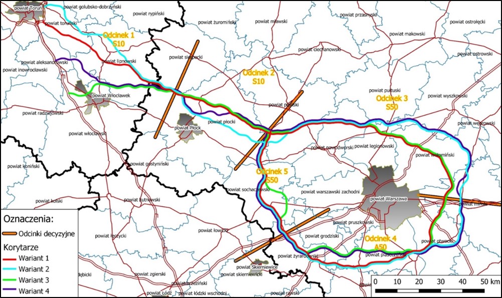 Mapa S10 Toruń - Warszawa oraz OAW z podziałem na odcinki decyzyjne