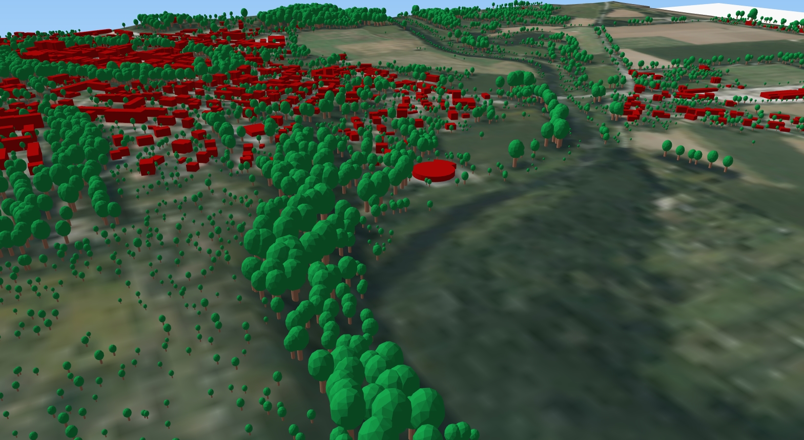 zrzut przedstawia wygenerowane modele 3D drzew wraz z modelami 3D budynków dla powiatu nyskiego